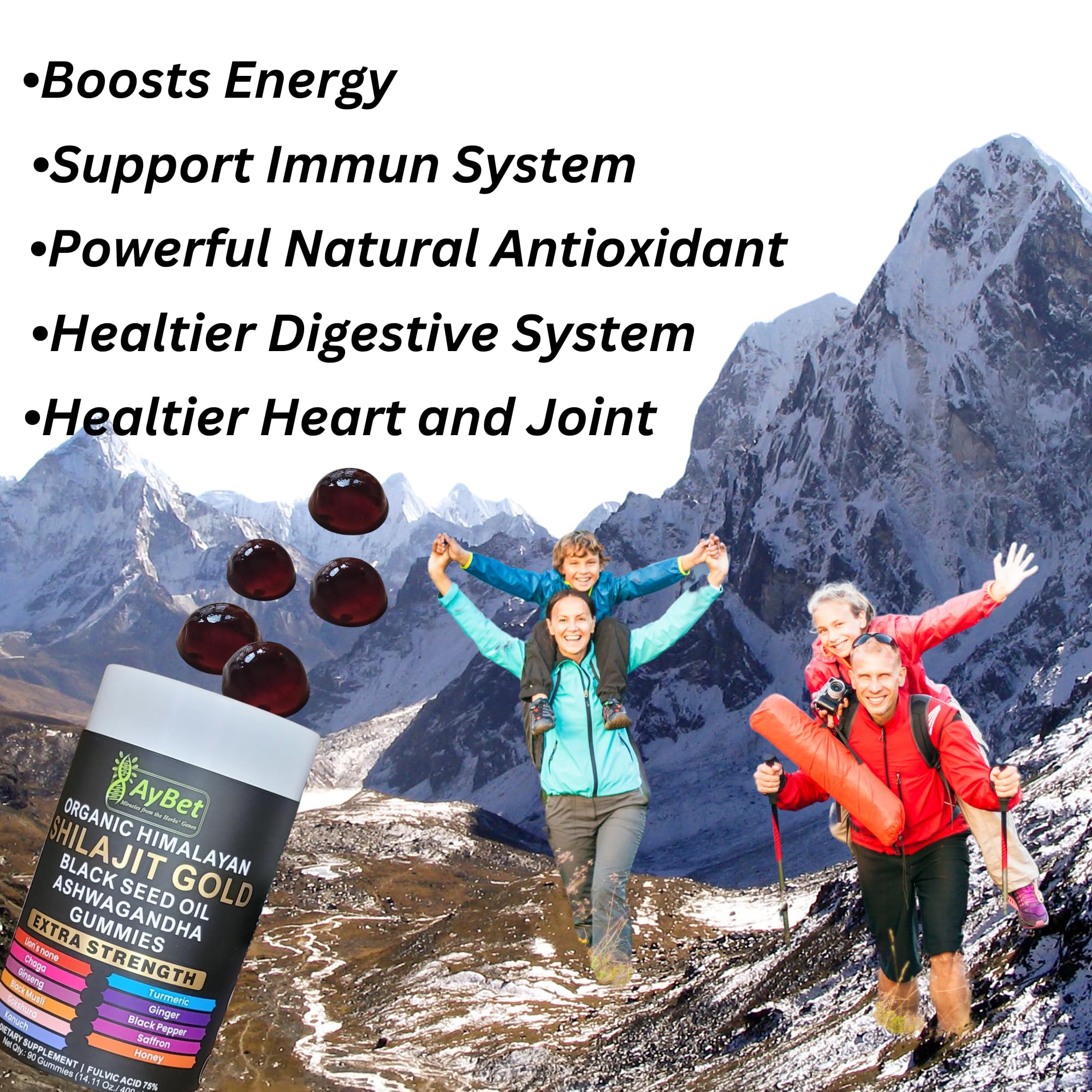 AyBet Organic Himalayan Shilajit Gold Gummies for Men and Women, Black Seed Oil, Ashwagandha, Ginseng, Turmeric, Gokshura, Lion's None, Lab Tested,%75 Fulvic Acid, No Sugar Added, Halal, 90Gummy AyBetAu supplements