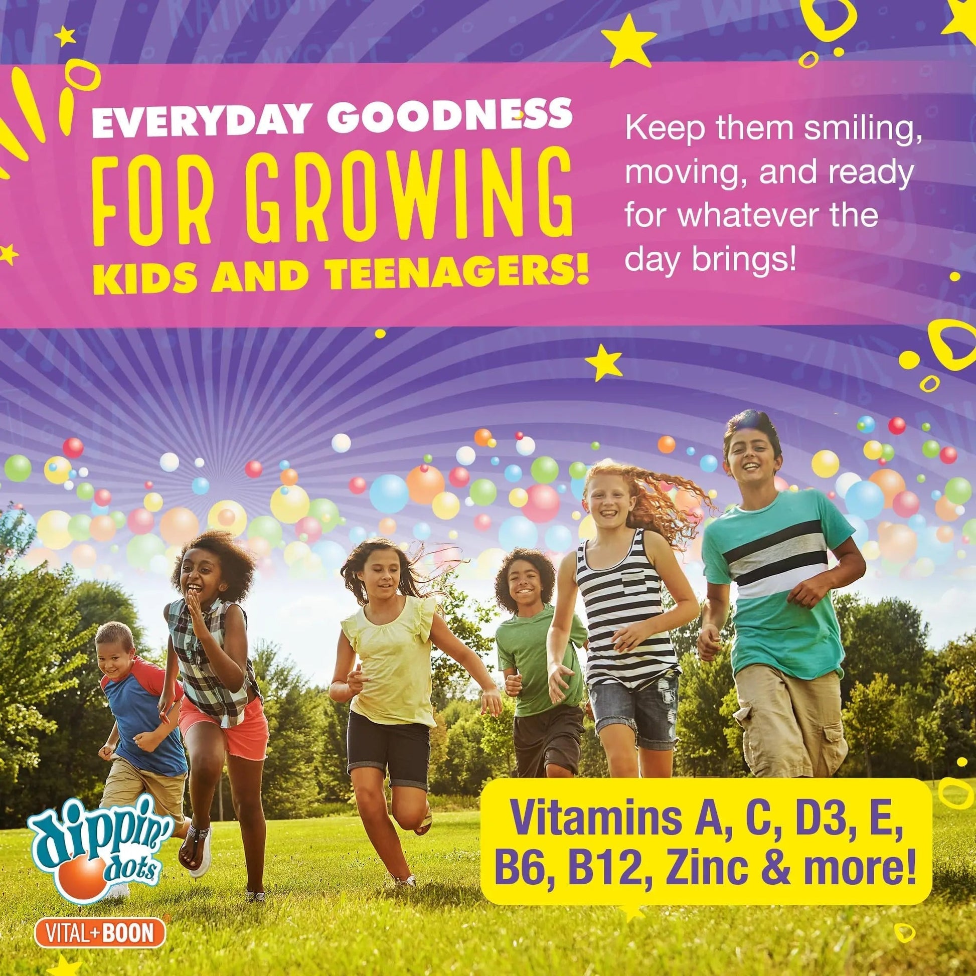 Dippin' Dots - Multivitamin Gummies for Kids Rainbow Fruit Flavor Complete Multivitamin Chewy Gummies Vitamin A, B, C, D3, E, B6, Zinc - 60 Count Vital+BoonAu supplements
