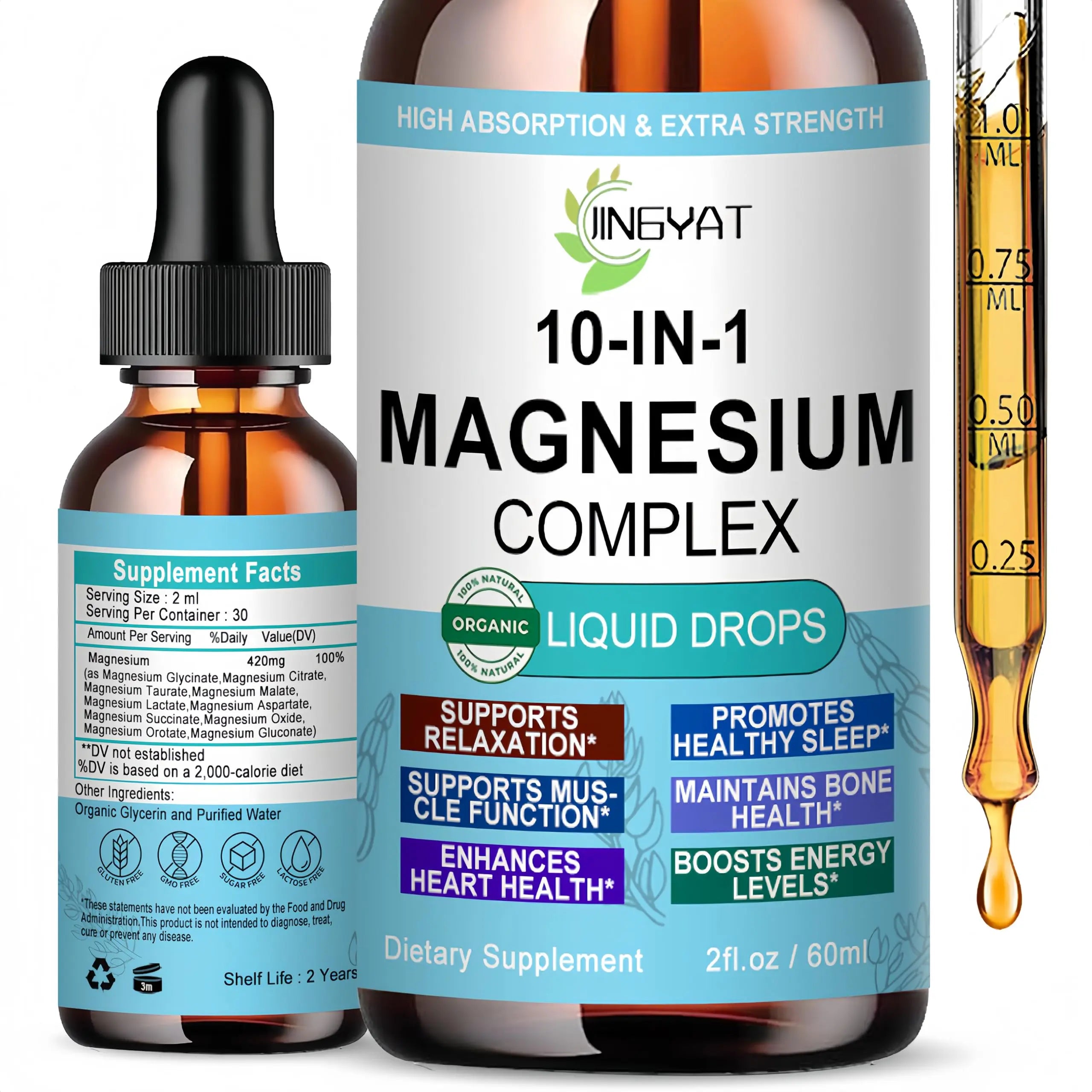 High Absorption Magnesium Complex Drops | 10-in-1 Liquid Magnesium Complex for Women & Men with Glycinate,Citrate,Taurate | for Stress Relief,Sleep,Heart Health | Vegan,Non-GMO,Fast-Acting Formula JINGYATnz supplements