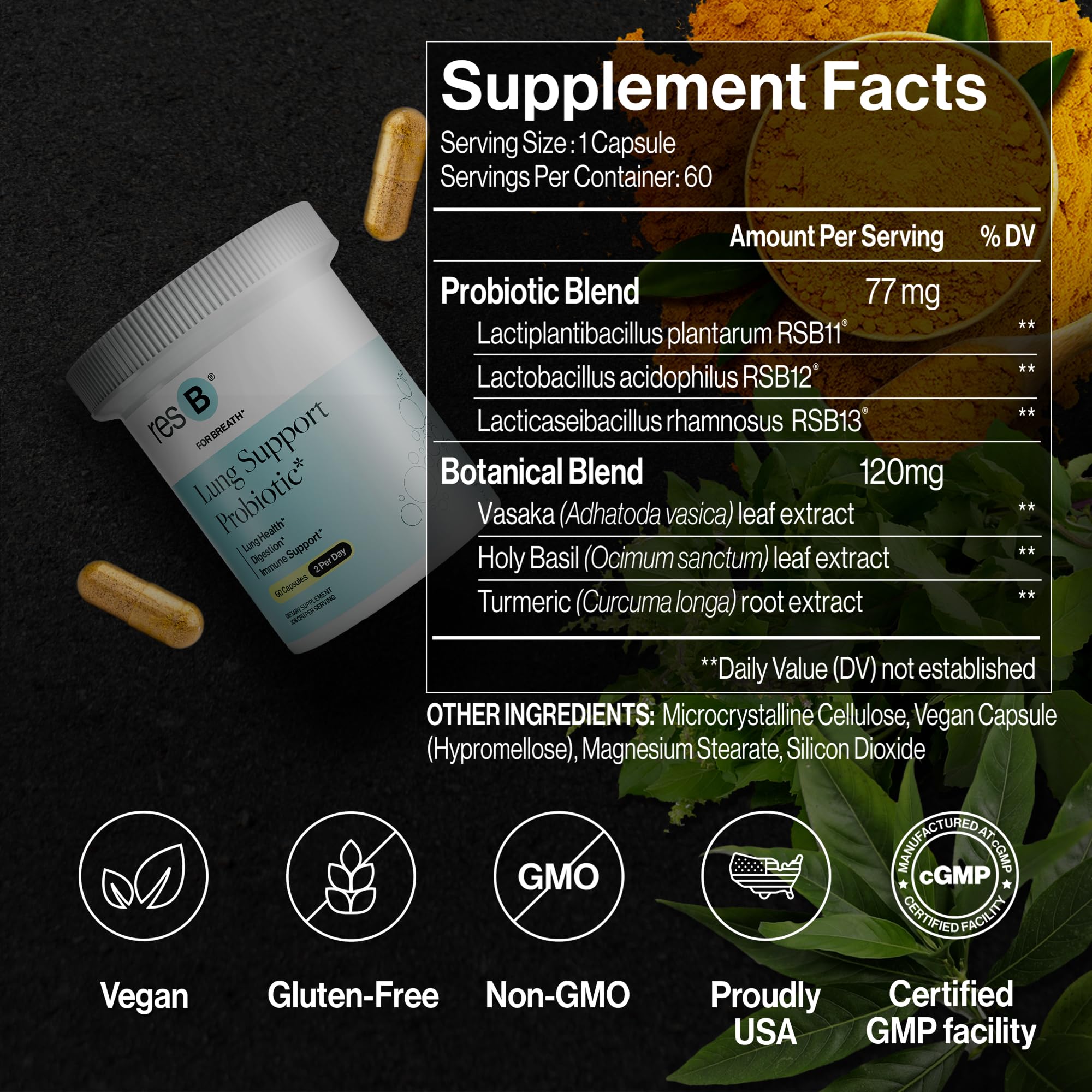 resB Lung Support Probiotic Supplement - Lung Health Supplement for Smokers, Gut Health, Immune & Digestive Support, Respiratory Care, Holy Basil & Turmeric, Clinically Trialed - 60 Capsules ResBioticAu supplements