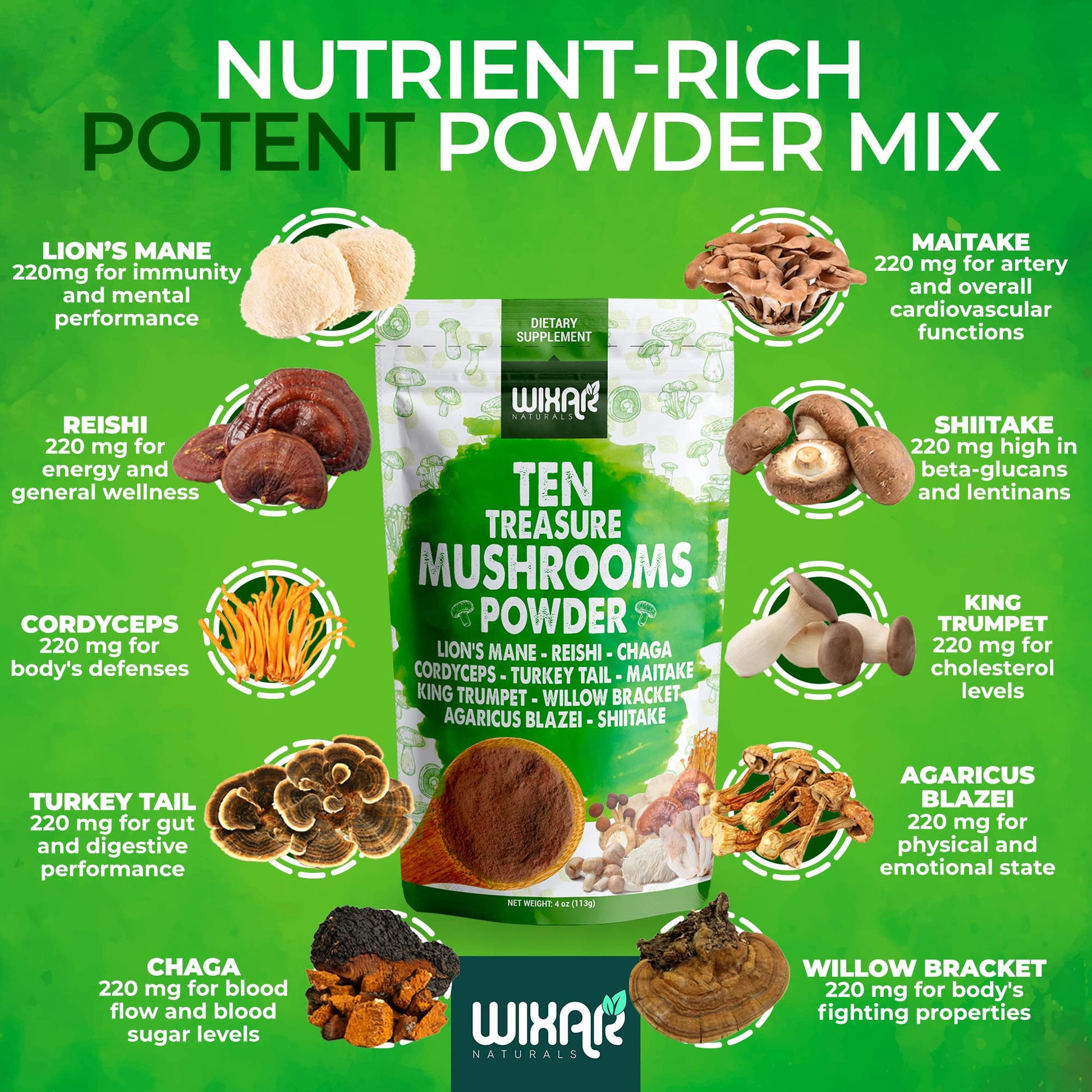 Wixar Mushroom Powder - Ten Treasure Mushrooms Extract Supplement Blend for Coffee WIXAR NATURALSUS supplements