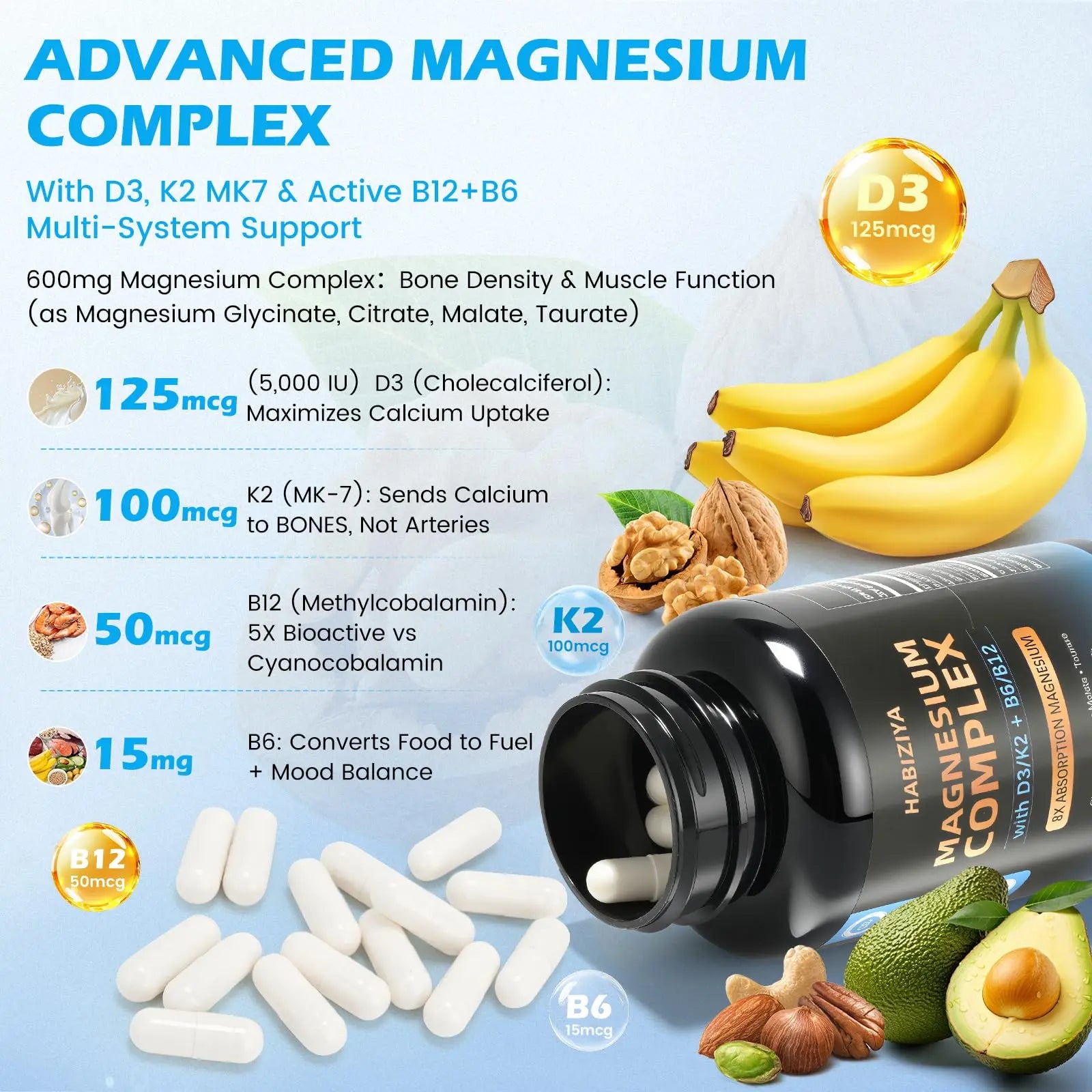 Magnesium Complex Supplement 600mg with with D3 K2 MK7 & B Vitamins High Absorption Capsules with Glycinate, Citrate & Malate,Taurate Relaxation,Muscle,Heart Support, Vegan 120 Capsules HABIZIYAnz supplements