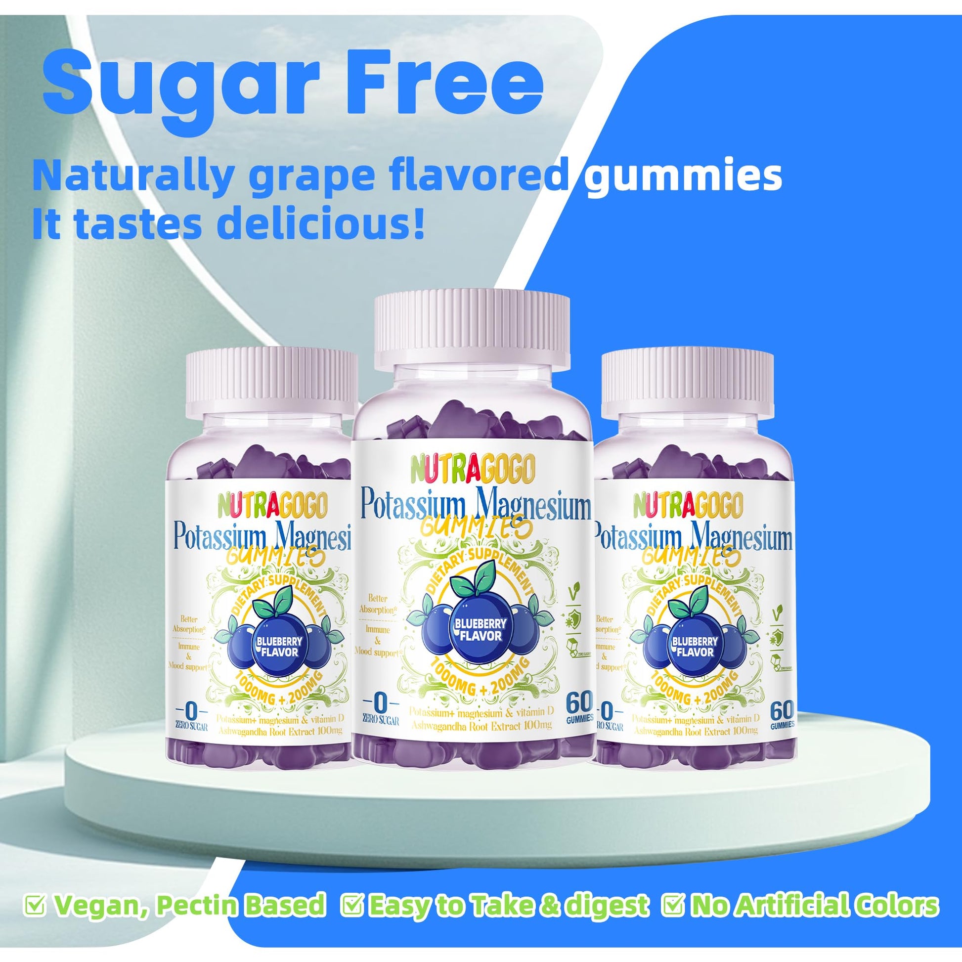 Potassium Magnesium Gummies,Potassium Supplement w/Ashwagandha,High Absorption Magnesium Glycinate,B6,D3,Potassium Citrate for Leg Cramps,Muscle,Electroyte for Adults Kids,Sugar-Free, 60 Gummies NUTRAGOGOAu supplements