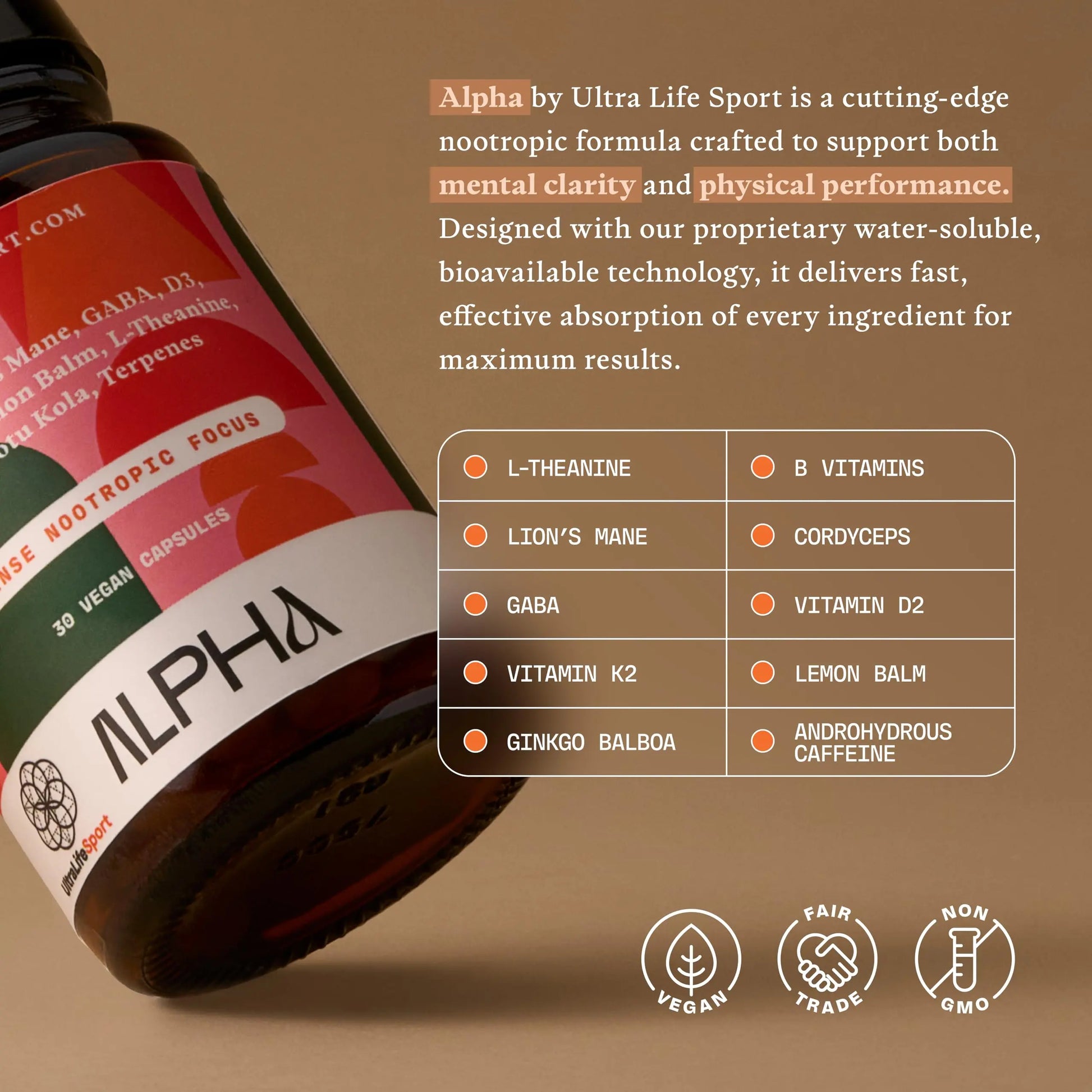 Ultra Life Sport - Alpha Nootropic - 30 Capsule Body and Brain Supplements for Memory and Focus - L-Theanine, B Vitamins, Lion's Mane, Cordyceps Mushrooms, Vitamin D3, K2 MK-7, Lemon Balm and Ginkgo Ultra Life Sportnz supplements