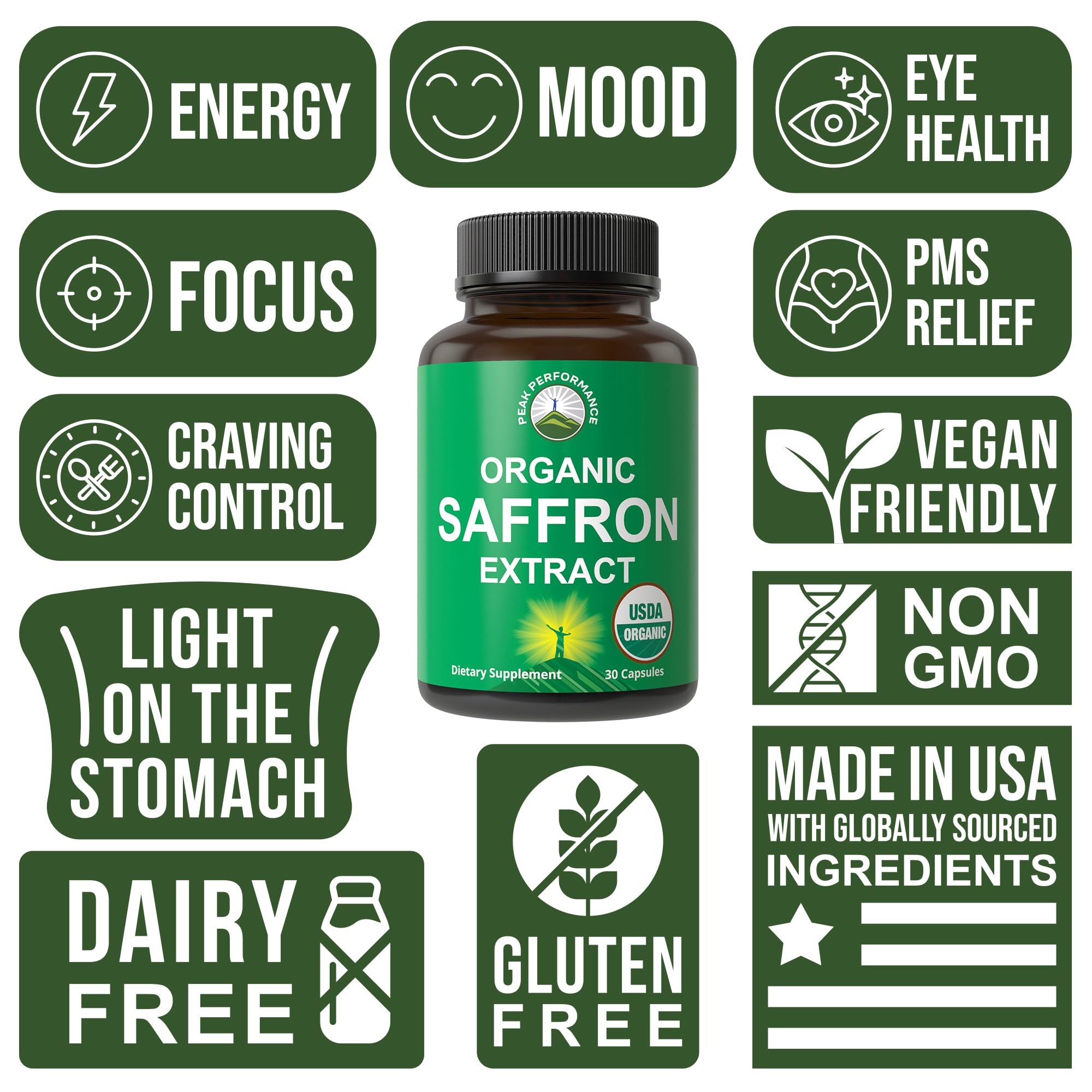 Saffron Supplements - USDA Organic Saffron Extract Capsules for Women, Men, and Kids. with Organic Prebiotic Fiber Instead of Filler. Pure and Natural for Mood, Brain, Focus, Cravings, PMS Peak PerformanceAu supplements