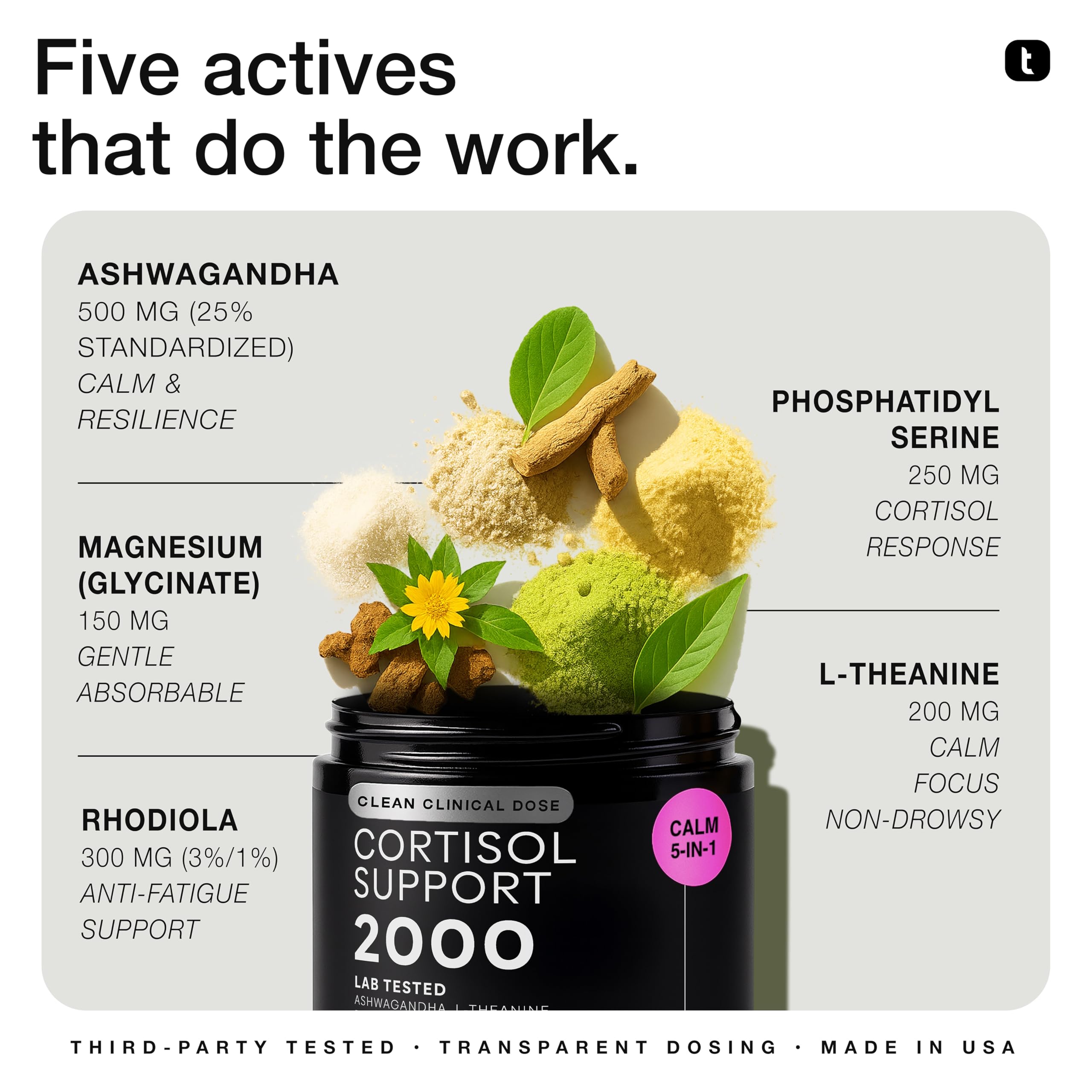 Cortisol Supplement for Women and Men — Calm, Balanced-Strength 5-in-1 Non-Drowsy, Third-Party Tested with Magnesium Glycinate, Ashwagandha, L-Theanine, Phosphatidylserine, Rhodiola — 120 Capsules ToniiqAu supplements