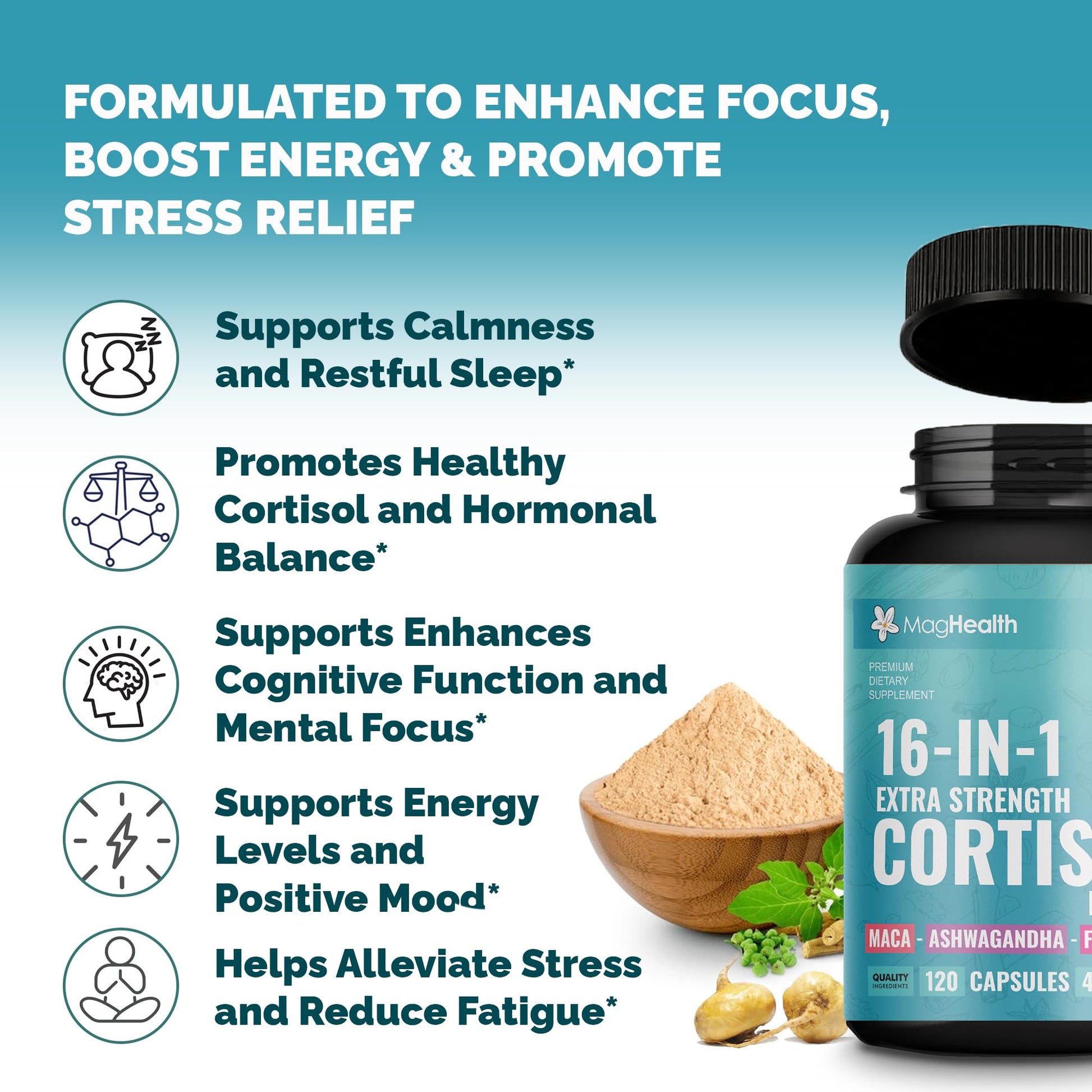 Cortisol Complex 16-in-1 Supplement for Women & Men | Stress Support Manager with Organic Ashwagandha, Maca Root, Rhodiola Rosea & Shilajit | Adaptogen Blend for Balance & Energy | 120 Capsules MagHealthAu supplements