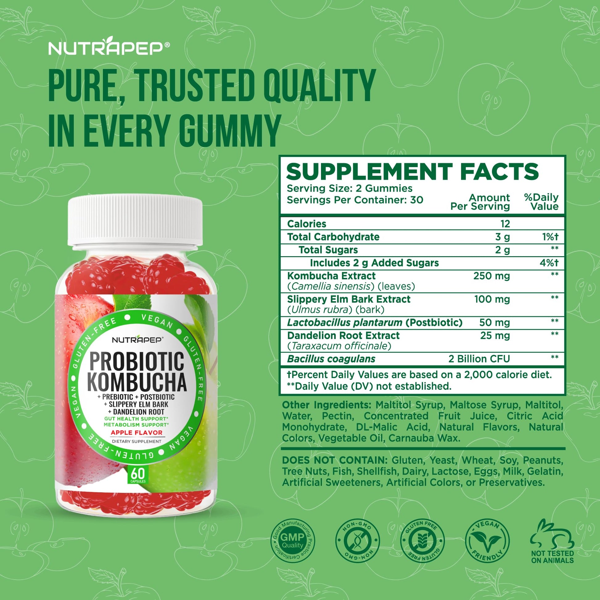 NutraPep Probiotic Kombucha Gummies - Women Men Probiotic Prebiotic Probiotic Blend for Gut Health Bloating Metabolism Support with Slippery Elm Bark Dandelion Root - Vegan Gluten Free Apple Flavor NutraPepAu supplements