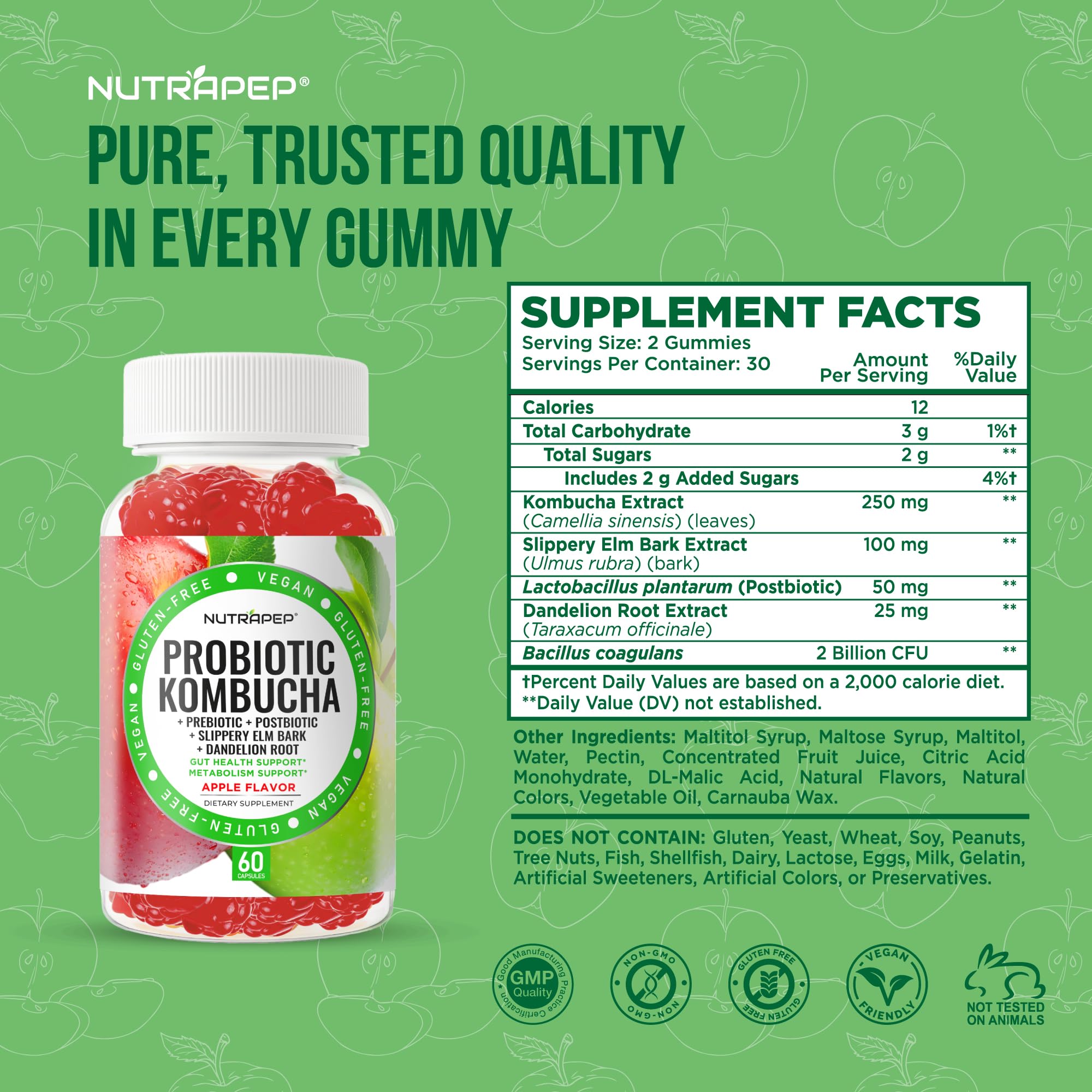 NutraPep Probiotic Kombucha Gummies - Women Men Probiotic Prebiotic Probiotic Blend for Gut Health Bloating Metabolism Support with Slippery Elm Bark Dandelion Root - Vegan Gluten Free Apple Flavor NutraPepAu supplements