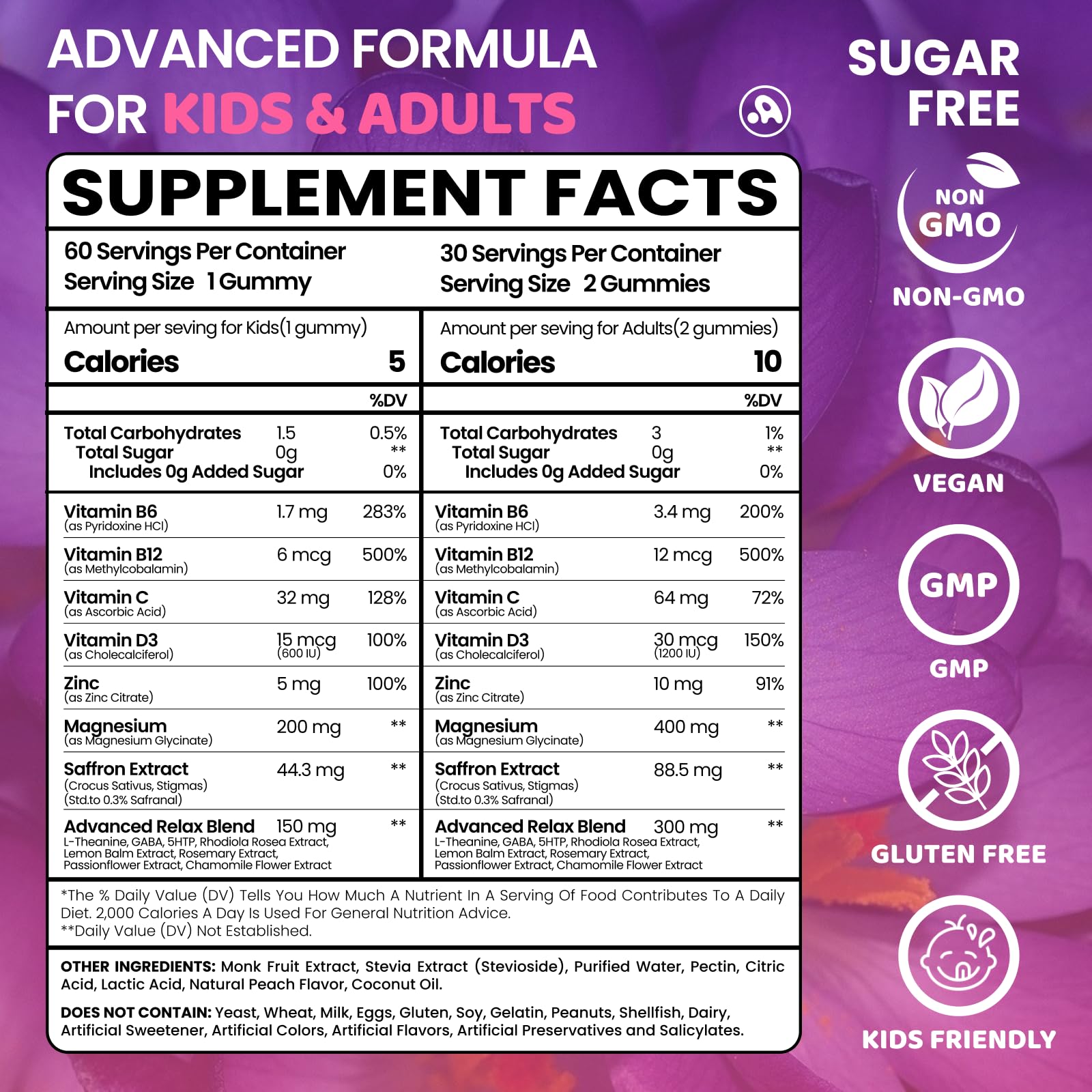 Saffron Gummies for Kids Adults 88.5mg, 15-in-1 Saffron Supplements for Kids, with B6, B12, C, D3, Magnesium Glycinate, Zinc for Nerve, Rest, Focus, Sugar Free, Vegan, Non- GMO, Peach Flavor, 60 Count Aube'AzurAu supplements