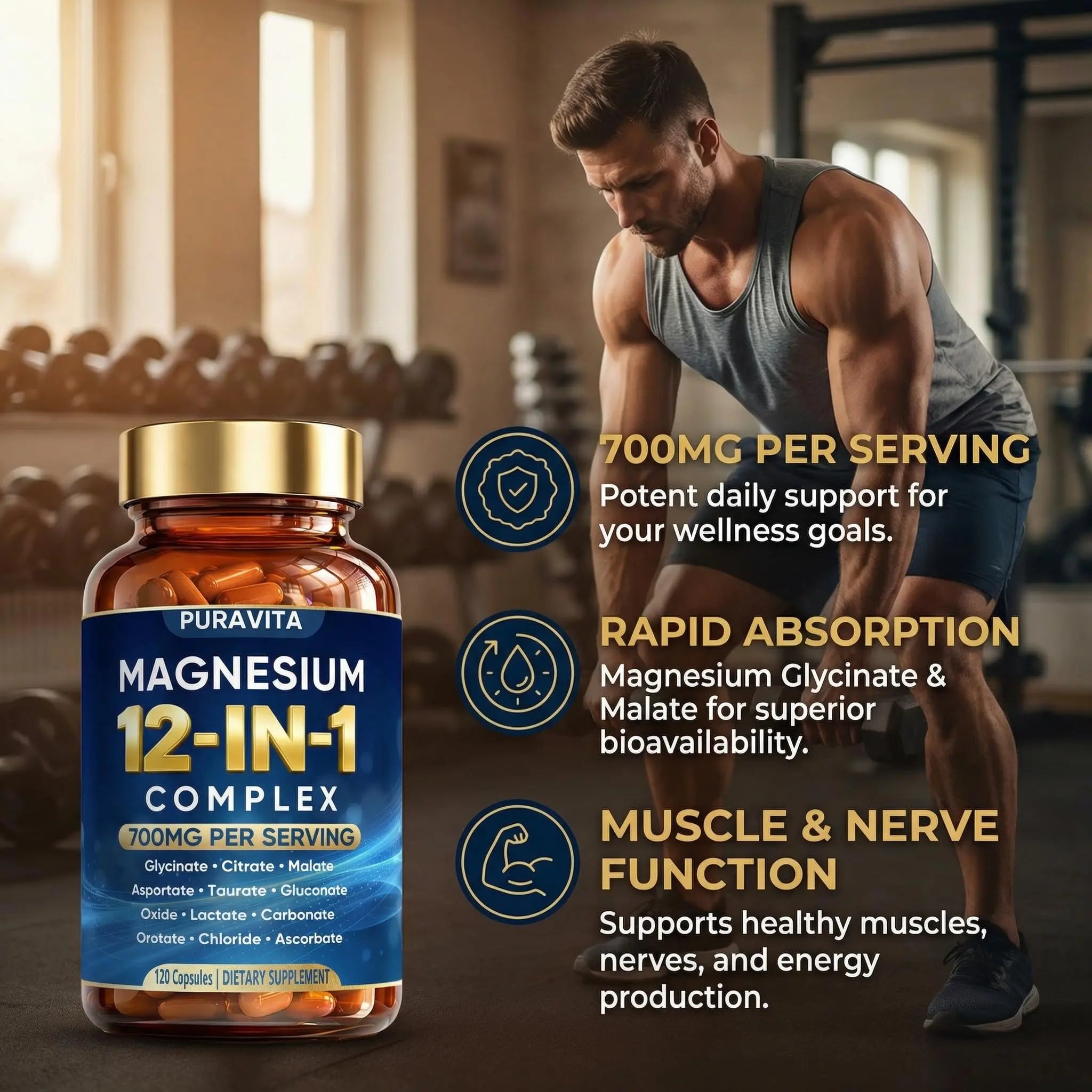 Puravita 12 in 1 Magnesium Complex Capsules - 700mg High Absorption Blend with Glycinate, Citrate, Malate, Oxide & Taurate. Supports Muscle Function, Nerve Health & Relaxation - 120 Capsules (1) PURAVITAnz supplements