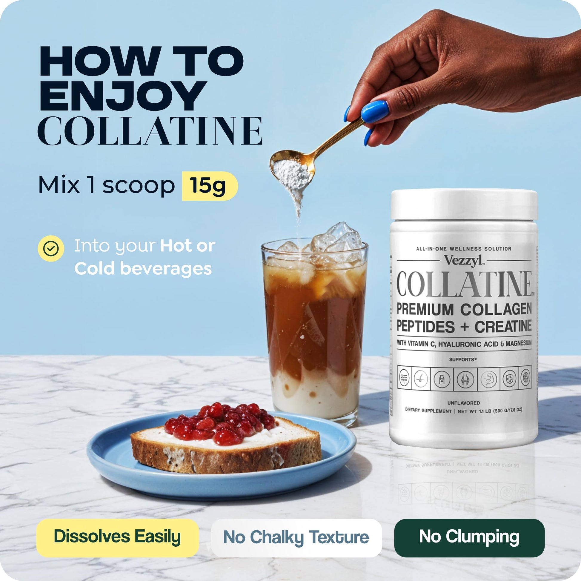 Vezzyl - Collatine - Premium Collagen Peptides + Creatine with Vitamin C, Hyaluronic Acid and Magnesium for Skin, Hair, Nails, Bone & Joint, Muscle, Immune and Cognitive Aid (.55 LB (250 G/8.8 OZ) VezzylAu supplements