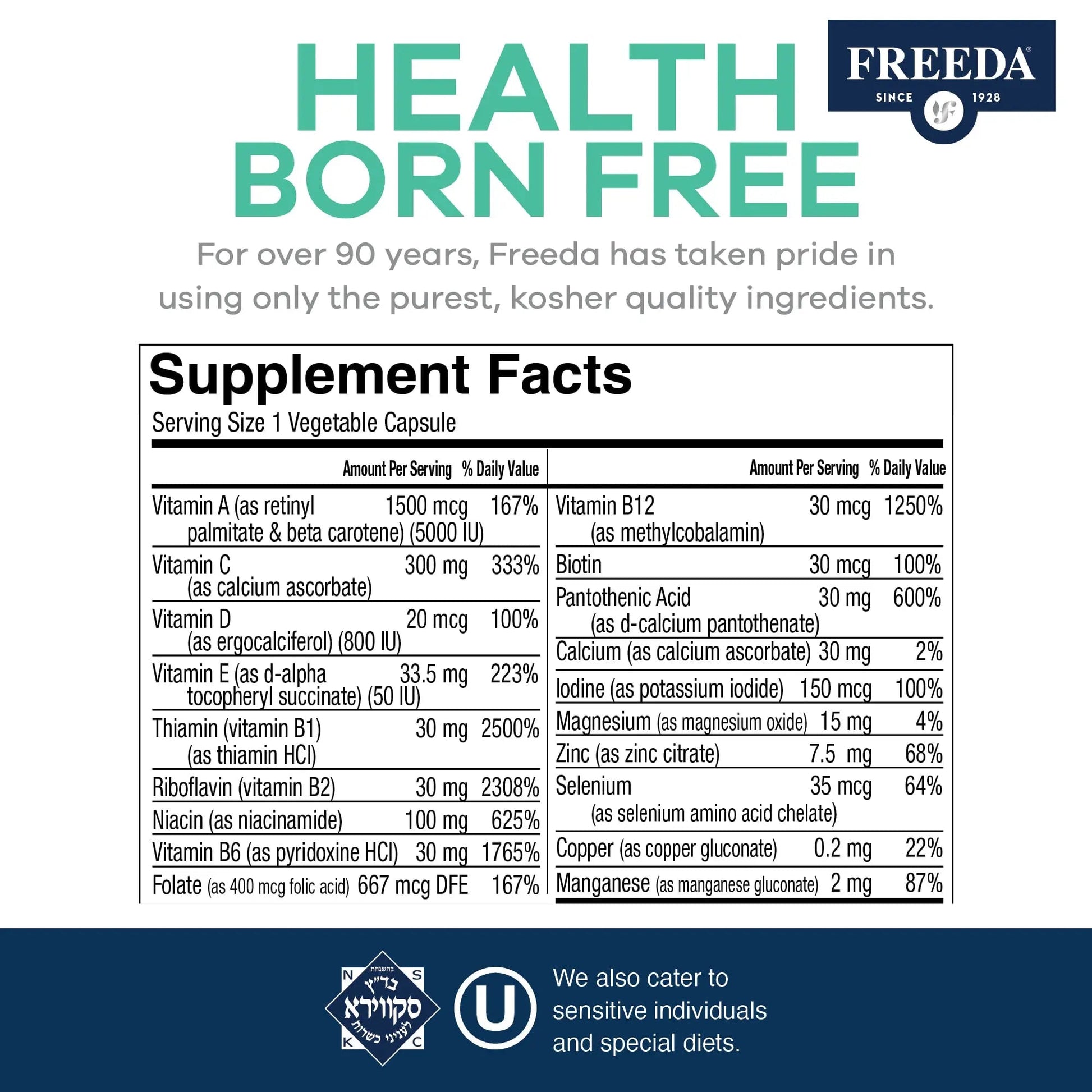 FREEDA One Daily Multivitamin Without Iron – Quintabs-M Iron-Free – Kosher, Balanced Multivitamin Supplements for Adults FREEDAAu supplements