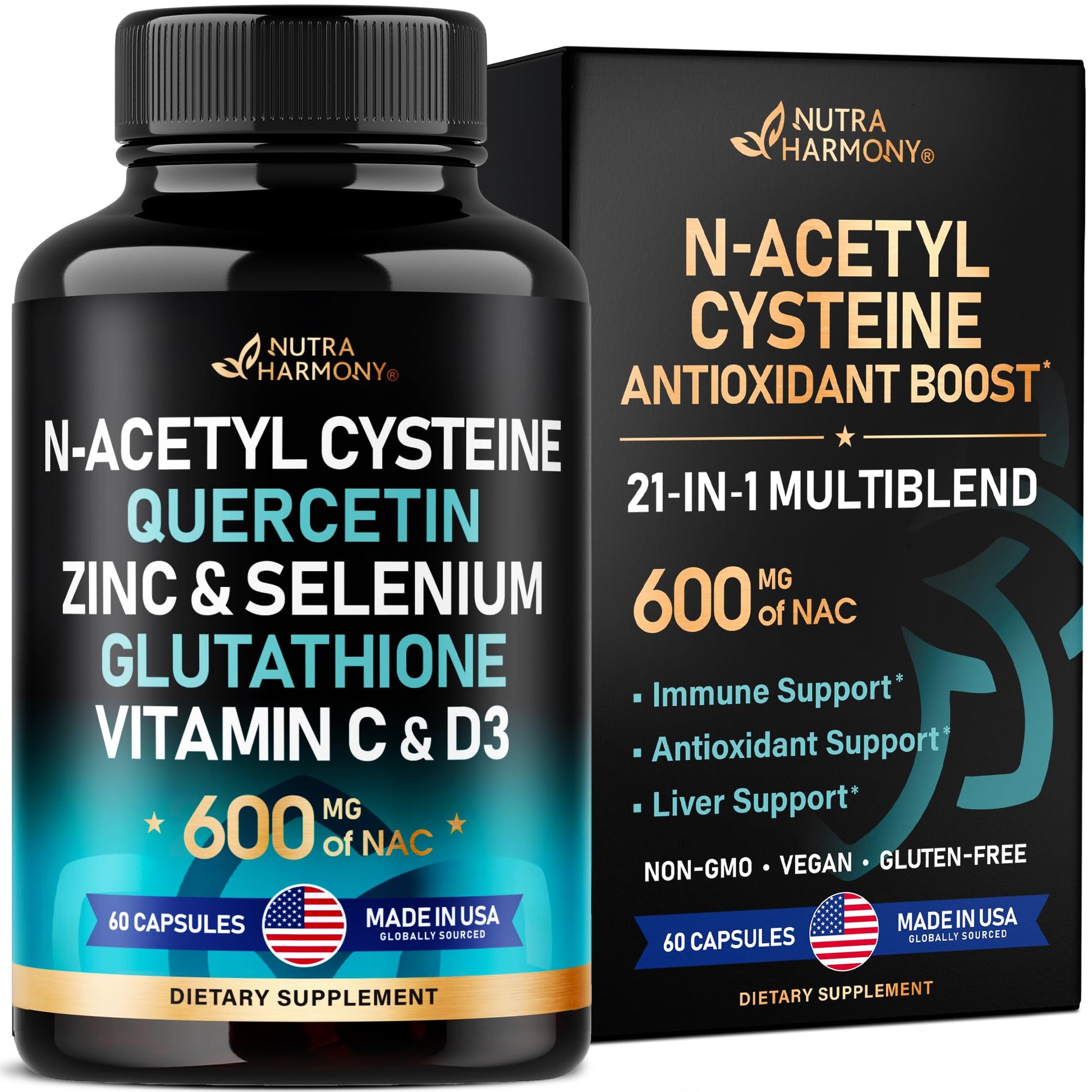 NAC 600 mg Supplement | Quercetin | Zinc | Glutathione | Selenium | Vitamin C & D3 NUTRAHARMONYUS supplements