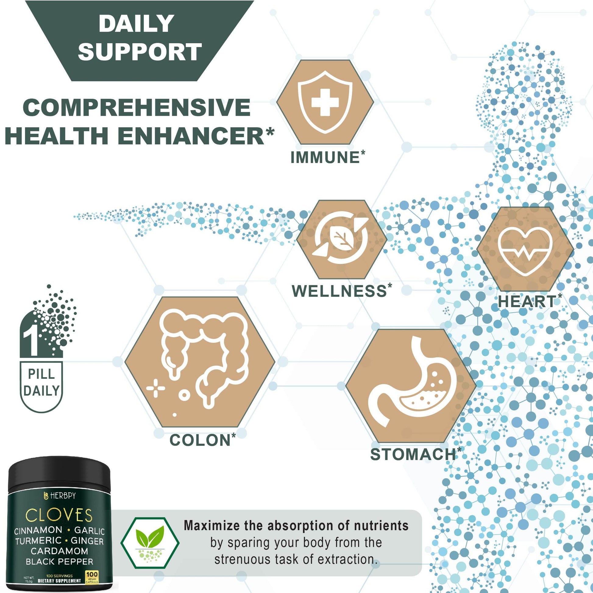 Herbpy 7in1 Clove Supplement Rich in Vitamins & Minerals Supports Digestion, Immune & Heart Health with Cinnamon, Turmeric, Ginger, Cardamom, Garlic & Black Pepper - 100 Vegan Capsules HerbpyAu supplements