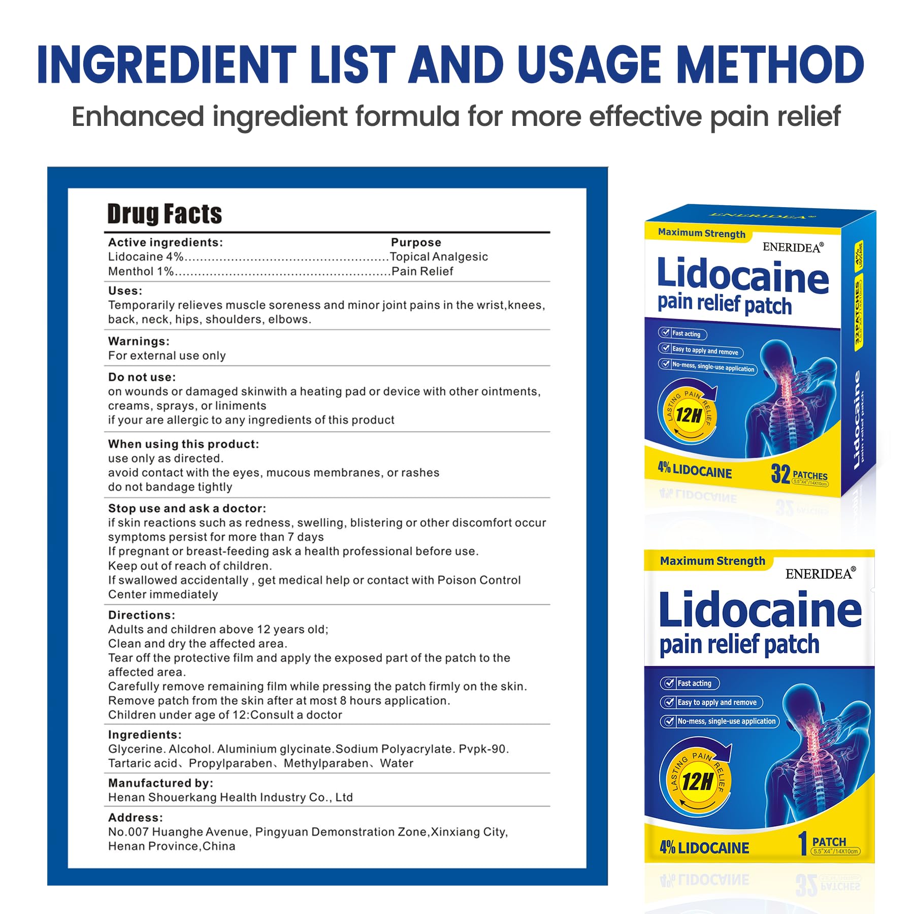ENERIDEA Lidocaine Gel Pain Relief Patch for Sensitive Skin - Breathable & Hypoallergenic, Flexible Adhesion for Daily Muscle & Joint Comfort - 12 Hour Pain Relief (32 Patches) ENERIDEAAu supplements