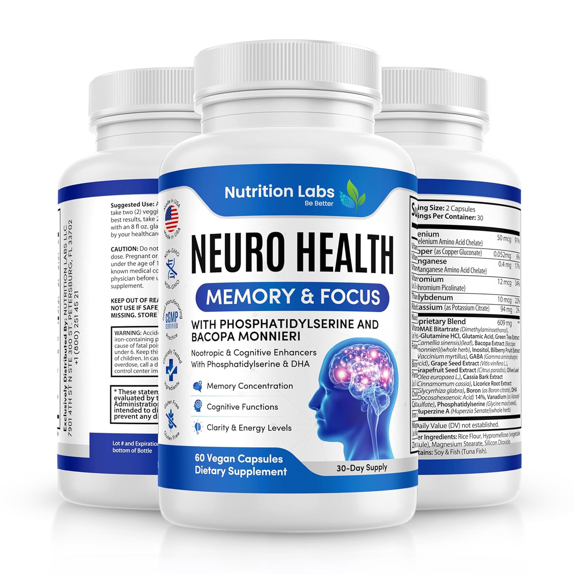 Nootropic & Neuro Brain Supplement for Memory & Focus Support. Clinically Tested Vitamins for Mental Support & Cognitive Clarity W/Bacopa Monnieri, VIT A, B6, Riboflavin, Niacin, Thiamin & Folate NUTRITION LABS BE BETTERAu supplements