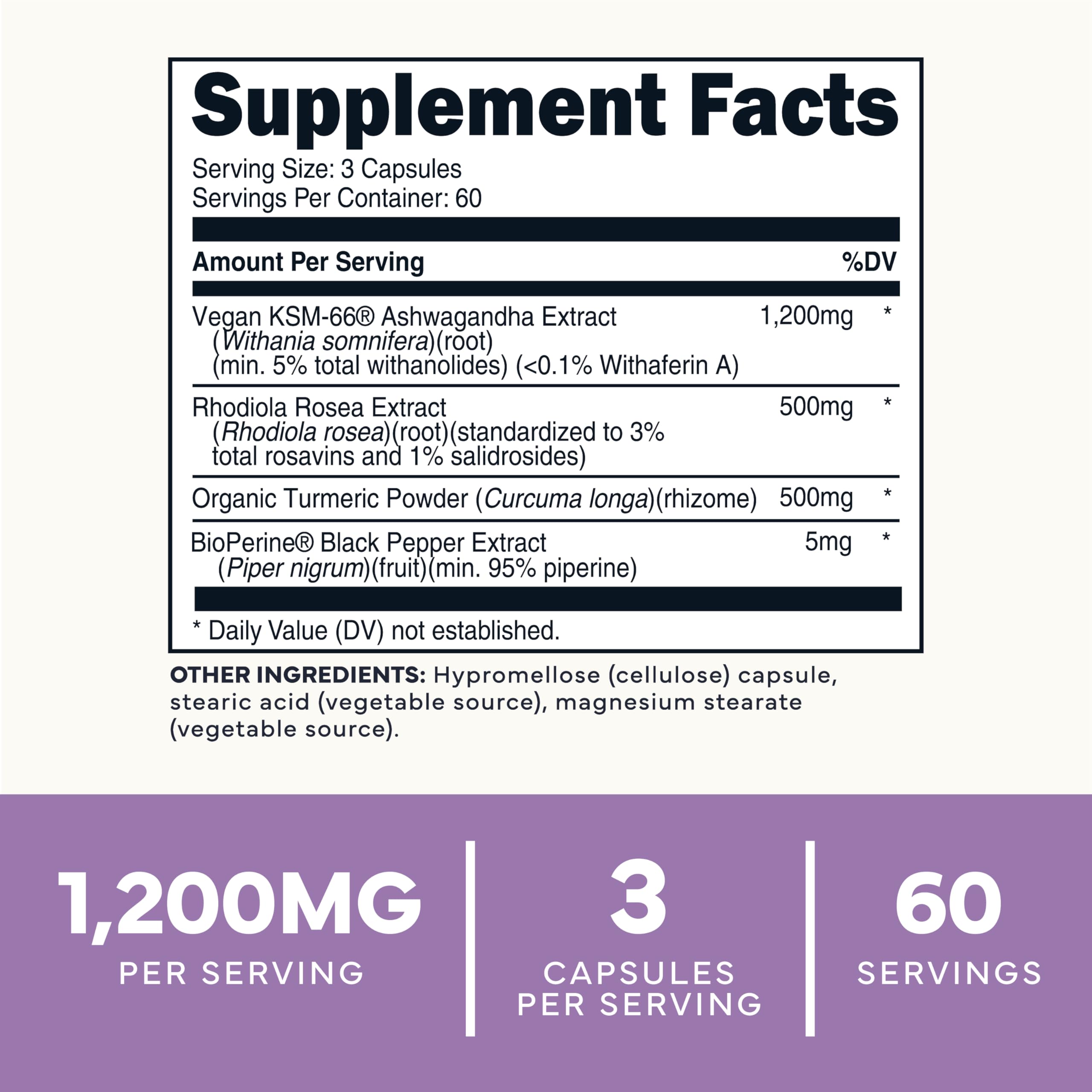 Type Zero KSM-66 Ashwagandha Root Extract 1,200mg, 60 Servings - High Potency 5% Withanolides - with Turmeric, Rhodiola Rosea and BioPerine Black Pepper Extract - 180 Veggie Caps Type ZeroUS supplements