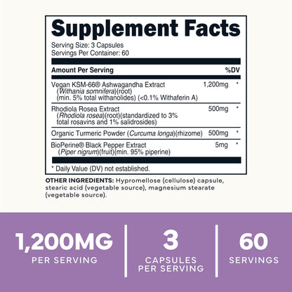 Type Zero KSM-66 Ashwagandha Root Extract 1,200mg, 60 Servings - High Potency 5% Withanolides - with Turmeric, Rhodiola Rosea and BioPerine Black Pepper Extract - 180 Veggie Caps Type ZeroUS supplements