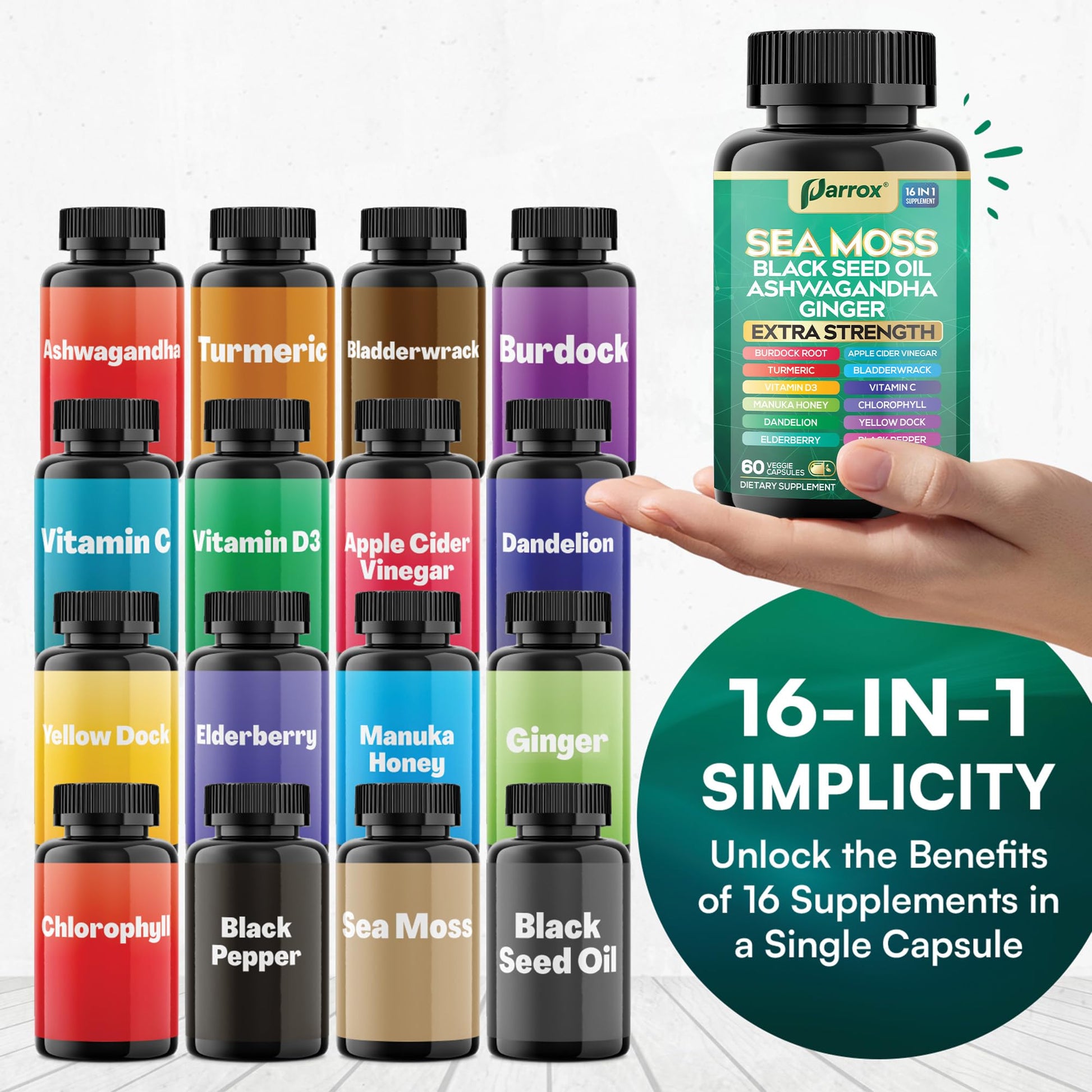 Parrox Sea Moss, Black Seed Oil, Ashwagandha, Turmeric, Chlorophyll, Dandelion, Ginger, Vitamin D3, Black Pepper, Elderberry, ACV, Yellow Dock, Burdock Root, Manuka, Vitamin C, Bladderwrack (60 Caps) ParroxAu supplements