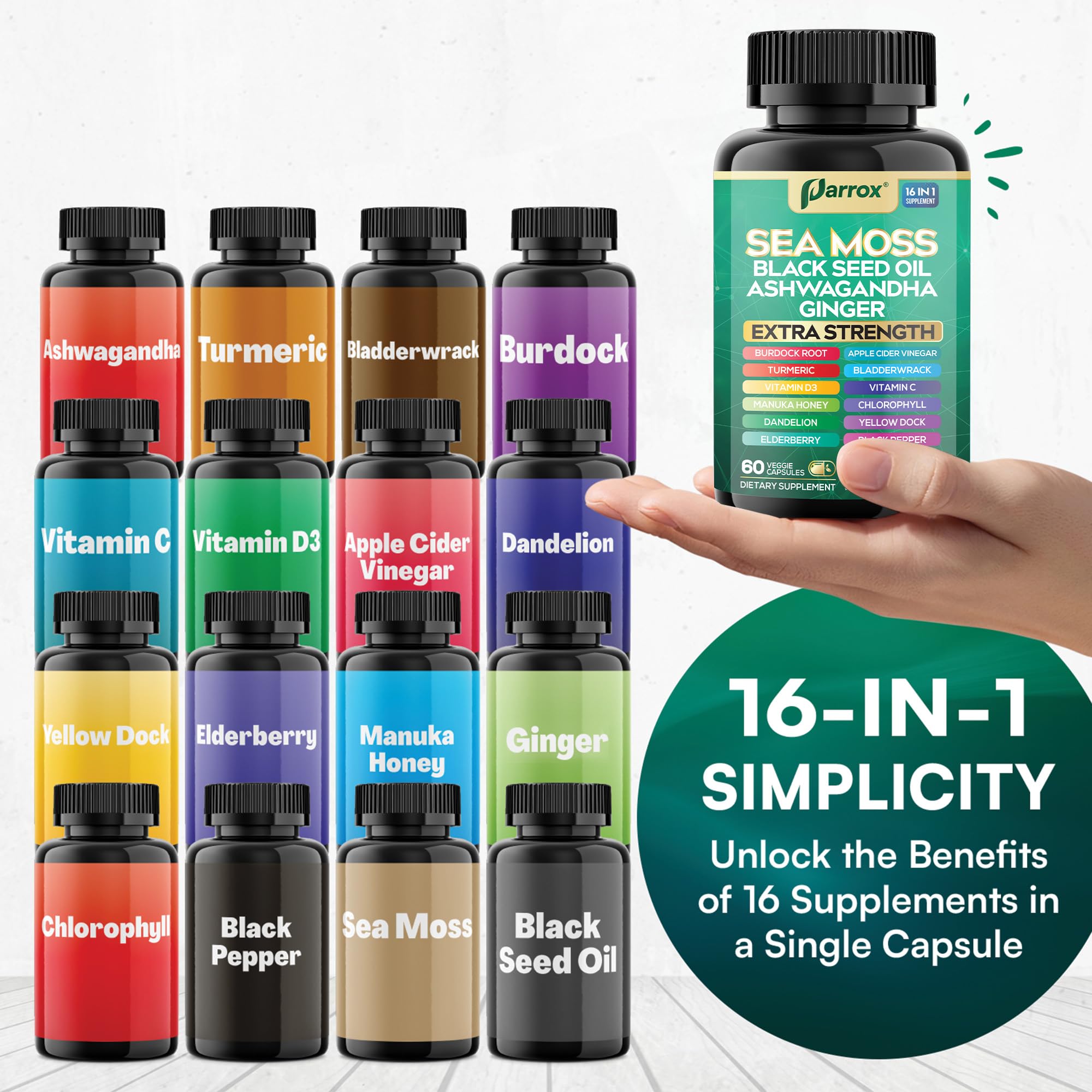 Parrox Sea Moss, Black Seed Oil, Ashwagandha, Turmeric, Chlorophyll, Dandelion, Ginger, Vitamin D3, Black Pepper, Elderberry, ACV, Yellow Dock, Burdock Root, Manuka, Vitamin C, Bladderwrack (60 Caps) ParroxAu supplements