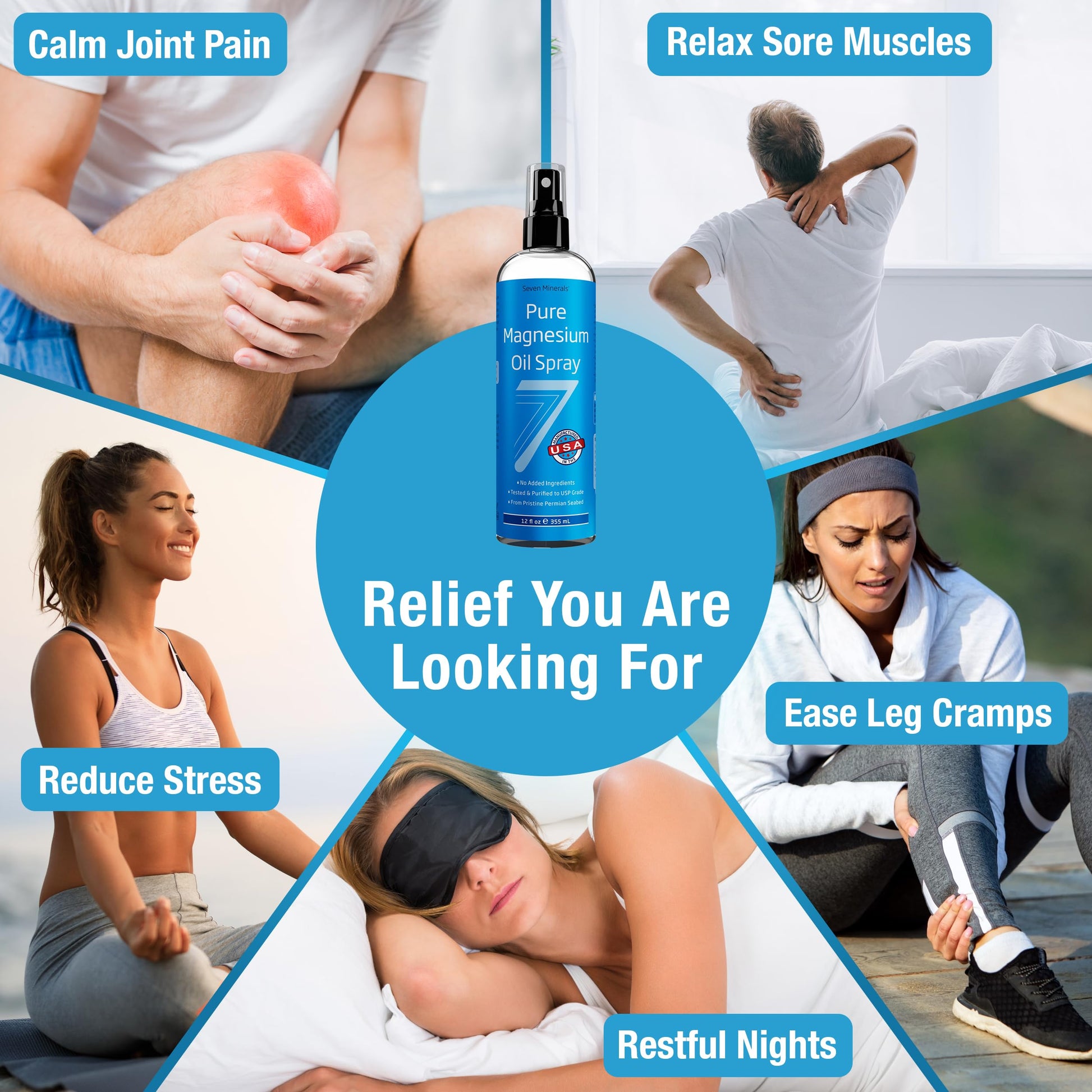 Seven Minerals Pure Magnesium Oil Spray, Big 12oz, USP Grade, Extra Strength, for Feet, Sleep, Muscle Pain & Cramps - Mined in The USA Seven MineralsAu supplements