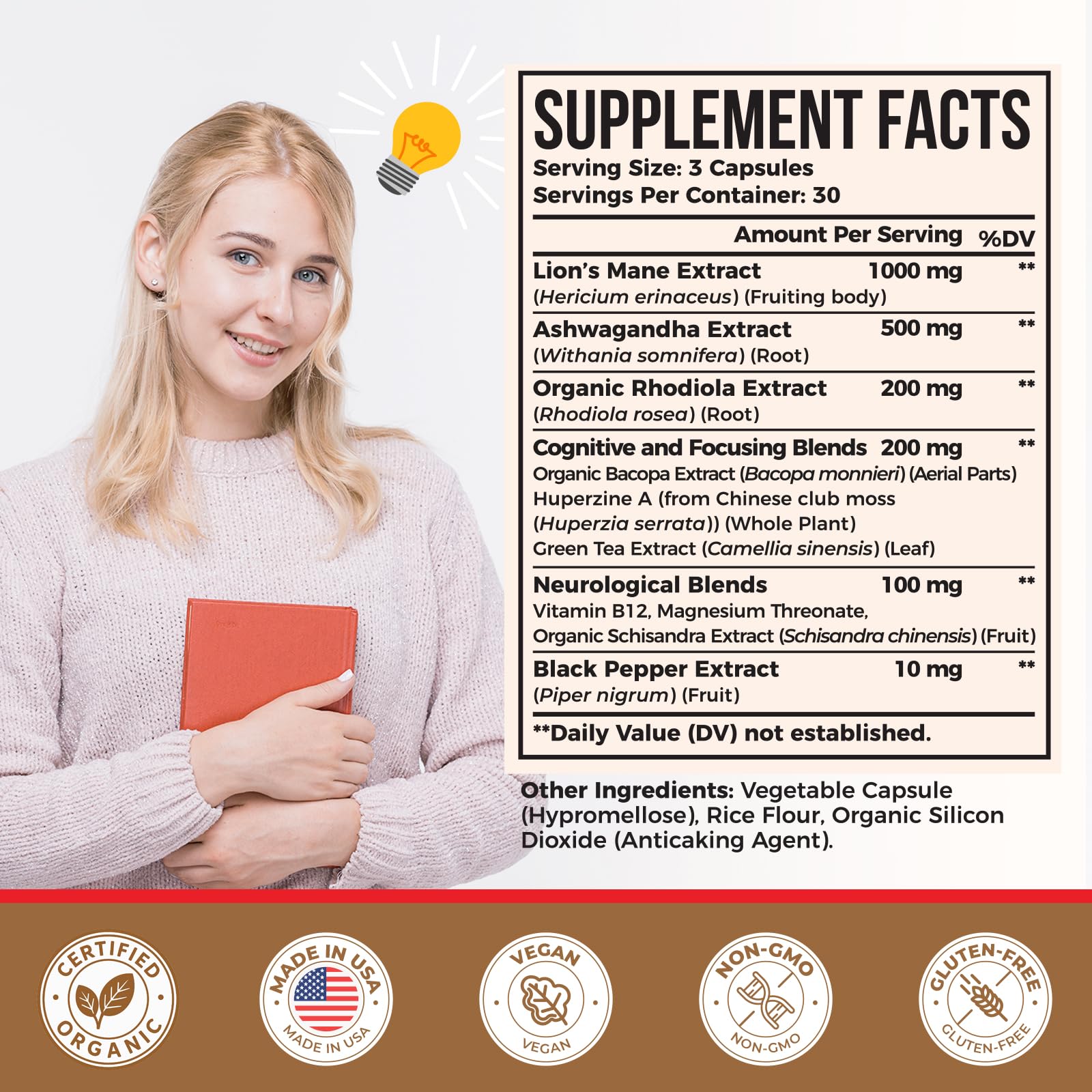 Ashwagandha & Lions Mane Supplements Capsules, Brain Supplements for Memory and Focus, Ashwagandha with Rhodiola Rosea for Cognitive, Immune Support, Cortisol Supplements for Women, 90 Capsules ZylvraxAu supplements