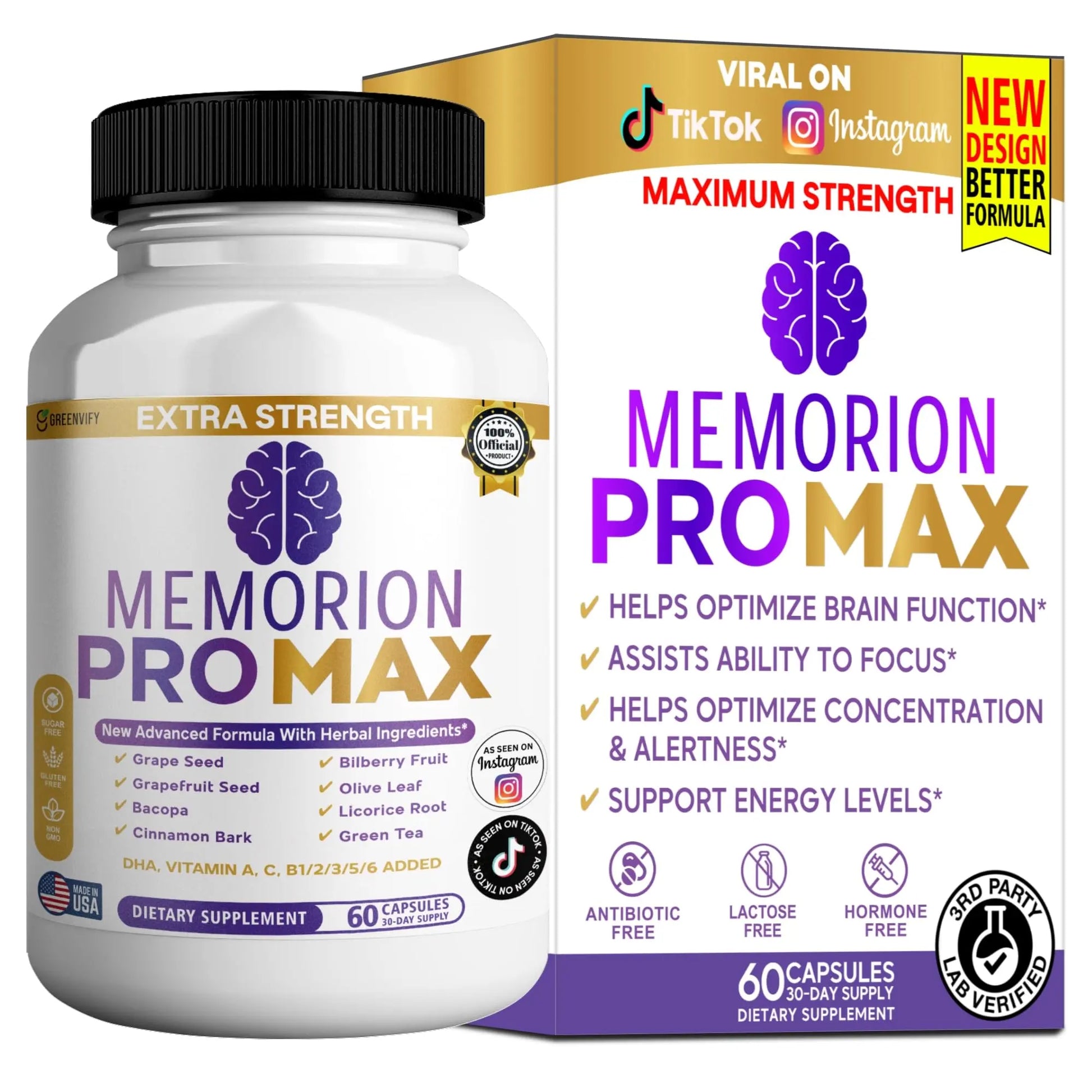 GREENVIFY Memorion Pro Max Extra Strength Brain Support Supplement, 60 Capsules, with DHA, Vitamins, Herbal Blend, 30-Day Supply (1) GREENVIFYAu supplements