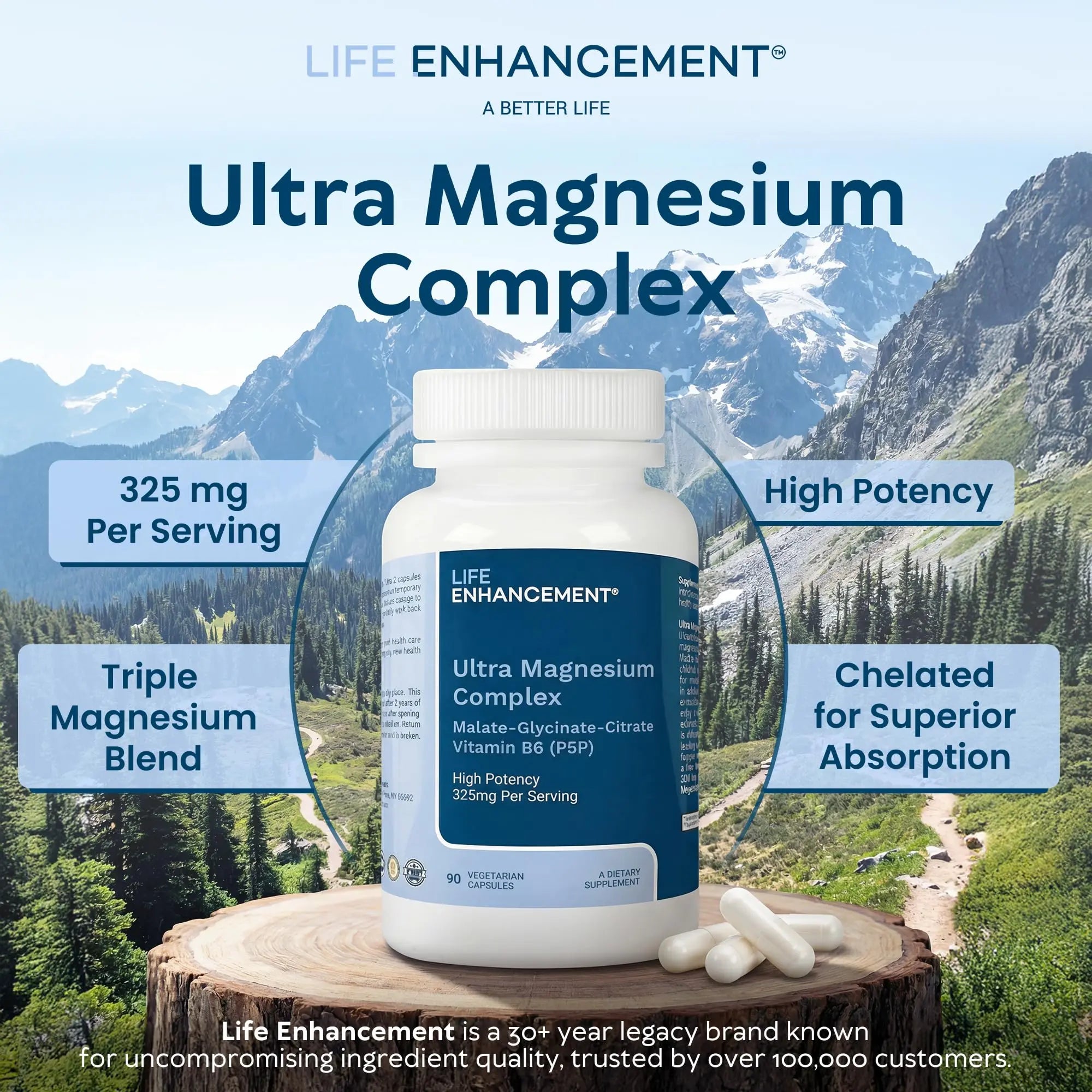 Life Enhancement Ultra Triple Magnesium Complex - 325 mg - with B6, Glycinate, Malate & Citrate - Magnesium Supplement Enhance Sleep and Brain Function - Made in USA (90 Vegetarian Capsules) Life Enhancementnz supplements