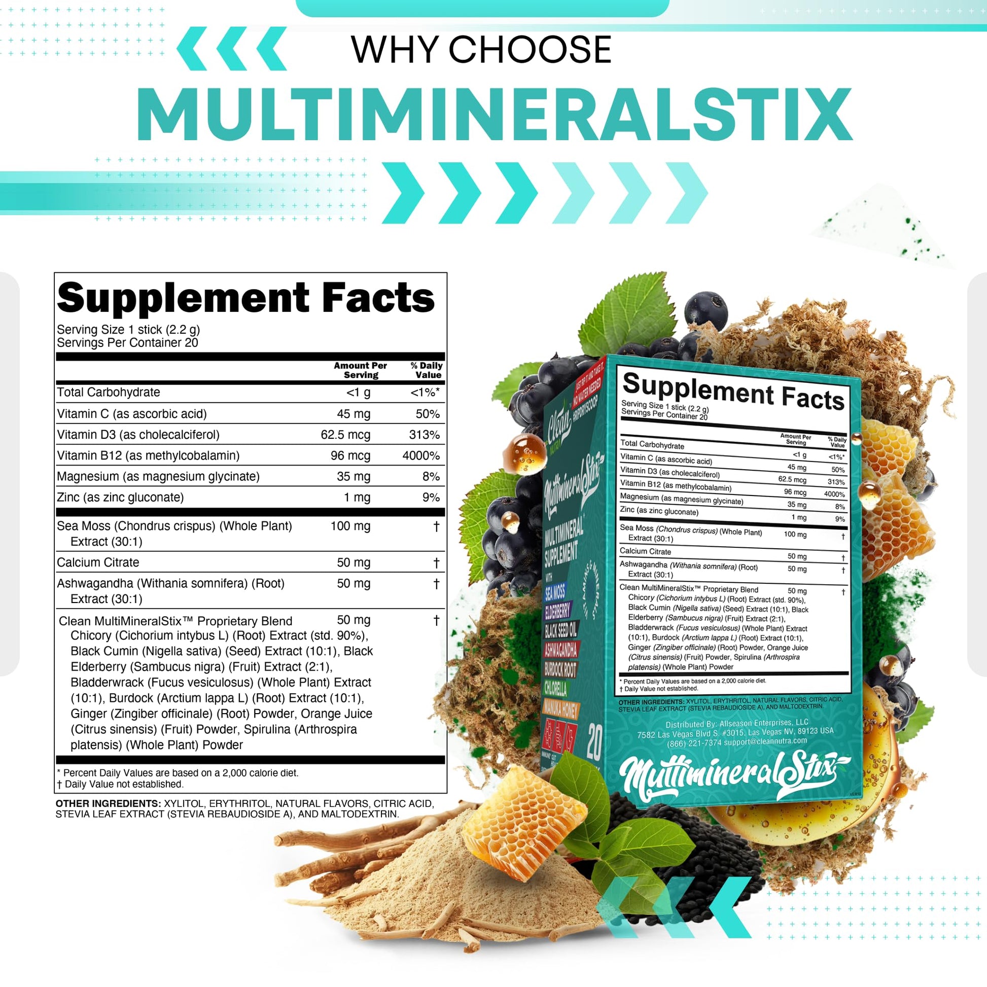 Sea Moss Powder Elderberry Ashwagandha Chlorella Manuka Honey VitaminD3 Vitamin C Zinc Spirulina Iodine Greens Detox Immune Support Sugar Free Hydration Powder Drink Mix – 20 Sticks Clean NutraceuticalsAu supplements