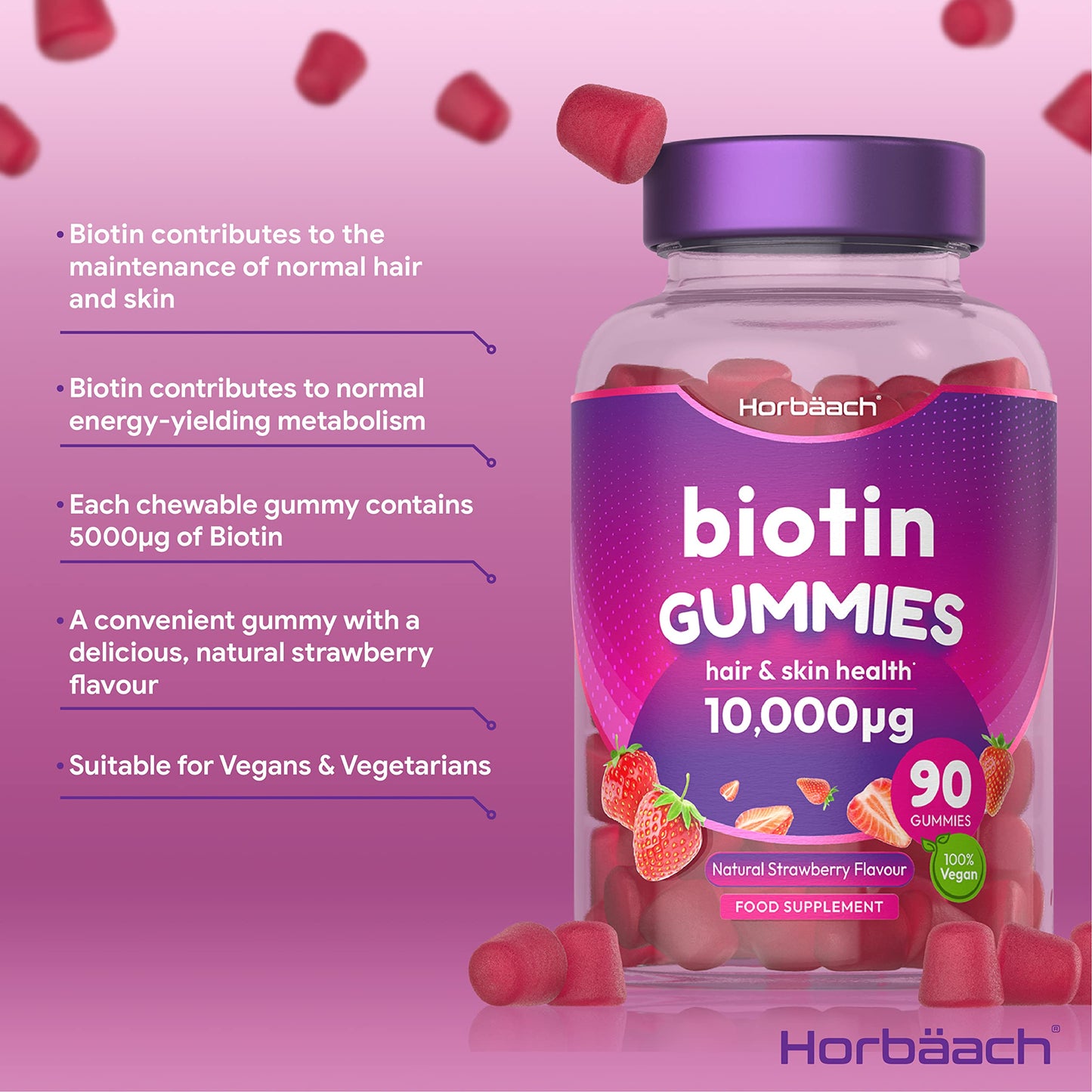 Biotin Gummies 10,000mcg | 90 Vegan Vitamins | Natural Strawberry Flavour HorbäachUS supplements