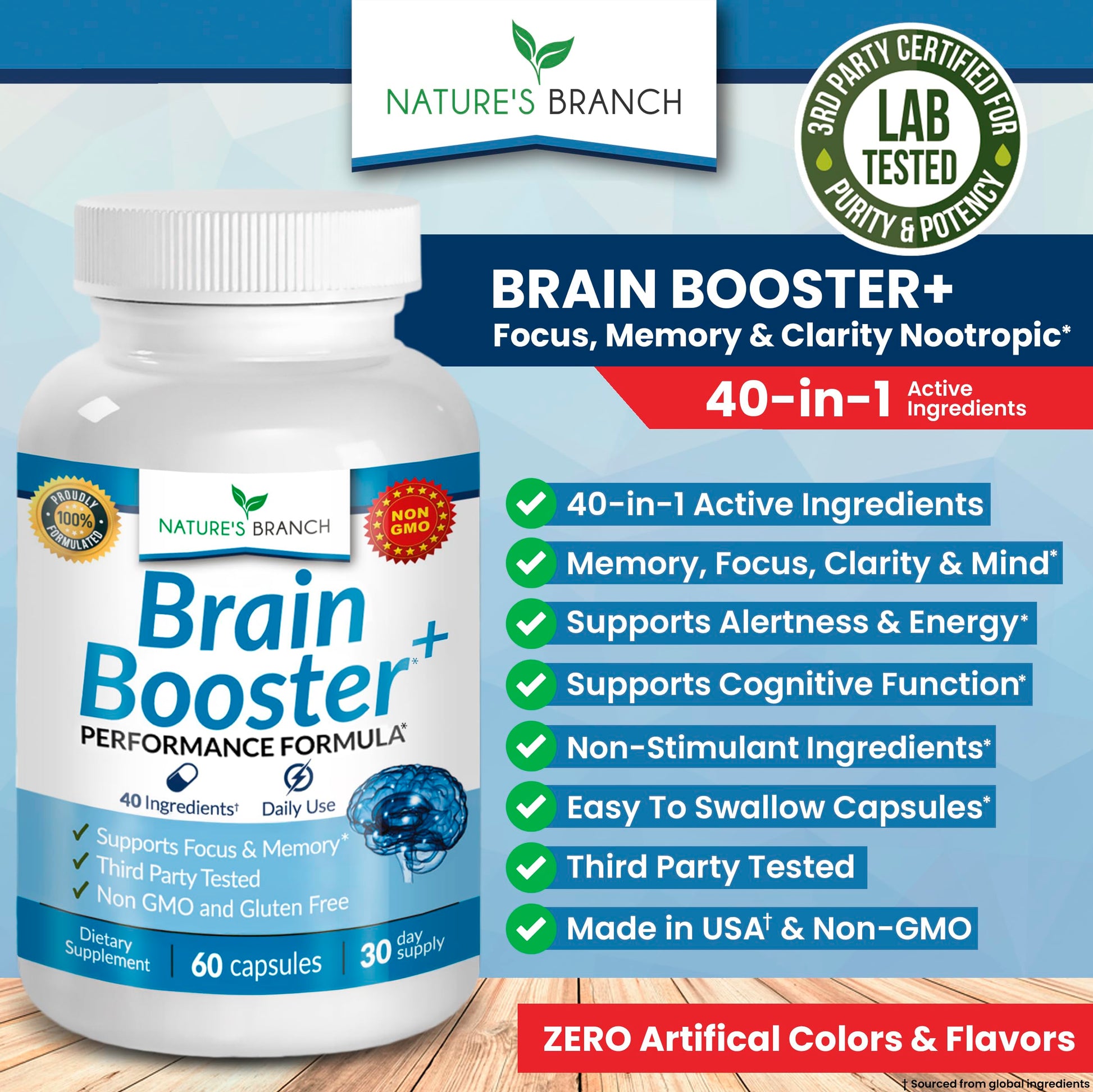 40-in-1 Brain Booster Supplement for Focus, Memory, Clarity, Energy | Advanced Vitamins Plus eBook | for Men & Women, Cognitive Function Nootropic Support with DMAE, Mind Health Formula | 60 Capsules NATURE'S BRANCHAu supplements