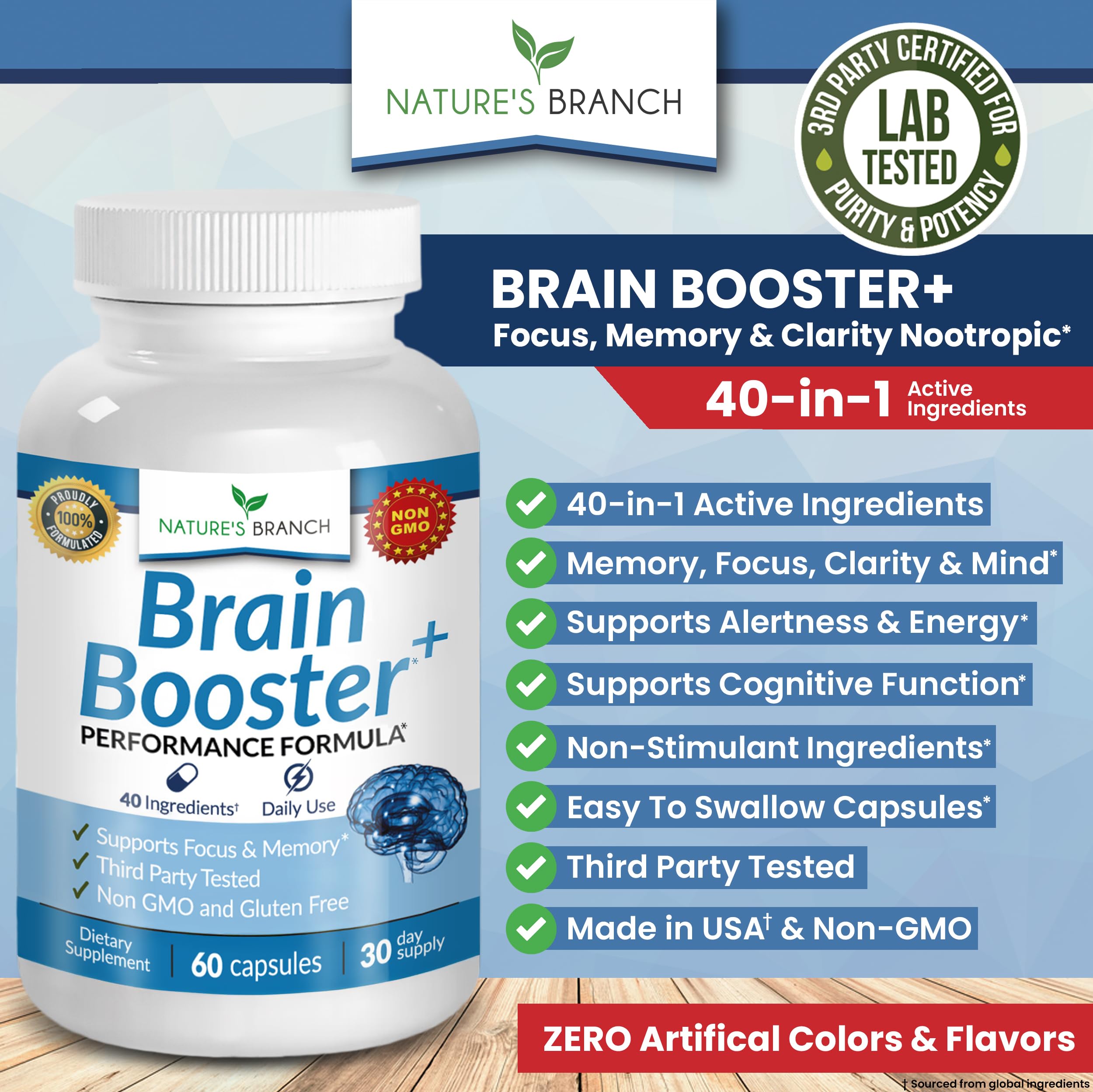 40-in-1 Brain Booster Supplement for Focus, Memory, Clarity, Energy | Advanced Vitamins Plus eBook | for Men & Women, Cognitive Function Nootropic Support with DMAE, Mind Health Formula | 60 Capsules NATURE'S BRANCHAu supplements