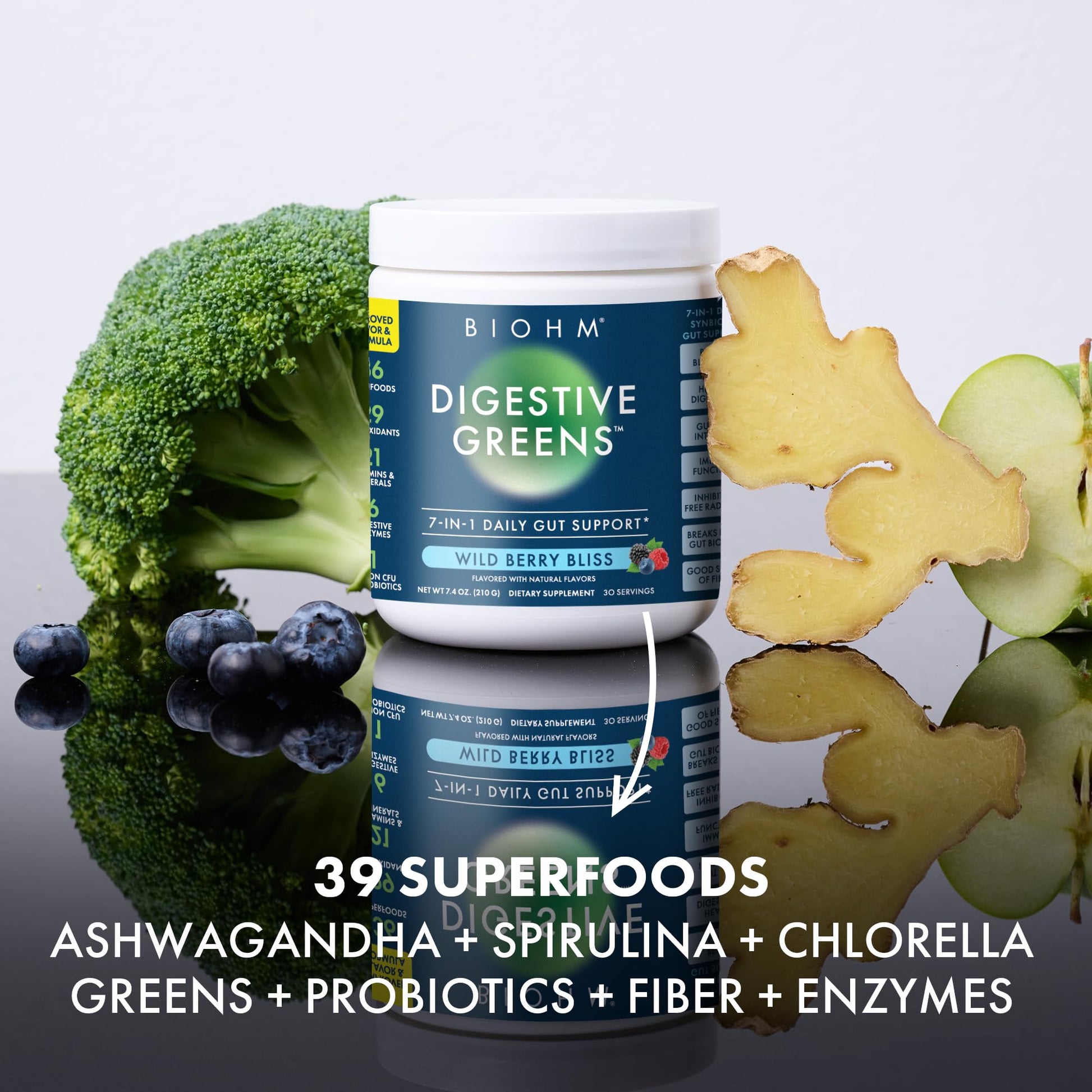 BIOHM Digestive Greens, Green Superfood Powder (7.4 Oz, 30 Servings) Immune & Gut Health Support with Antioxidants, Vitamins, Probiotics & Enzymes, Good Source of Fiber, Berry Flavor BIOHMAu supplements
