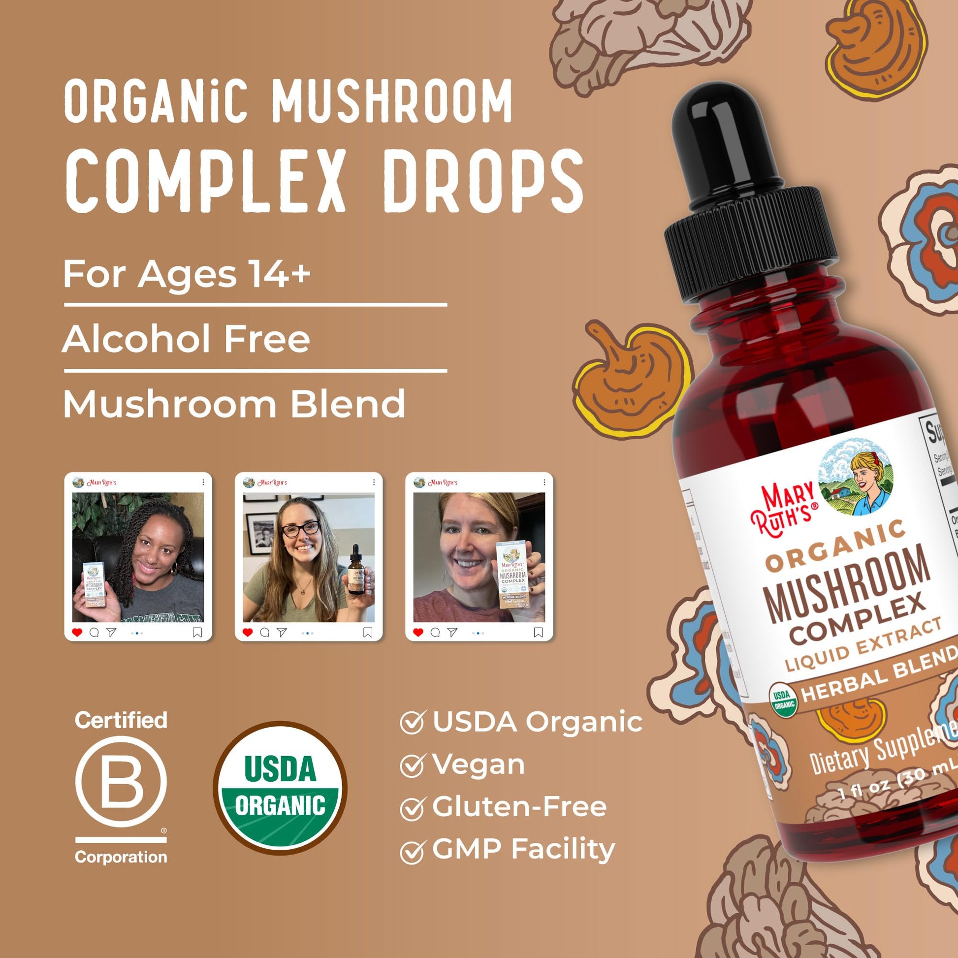 MaryRuth's Mushroom Complex | Lion's Mane | Turkey Tail | Reishi Mushroom | Shiitake Mushrooms | Alcohol Free | Mushroom Blend | Organic | Non-GMO | Vegan | 30 Servings MARYRUTH'SUS supplements
