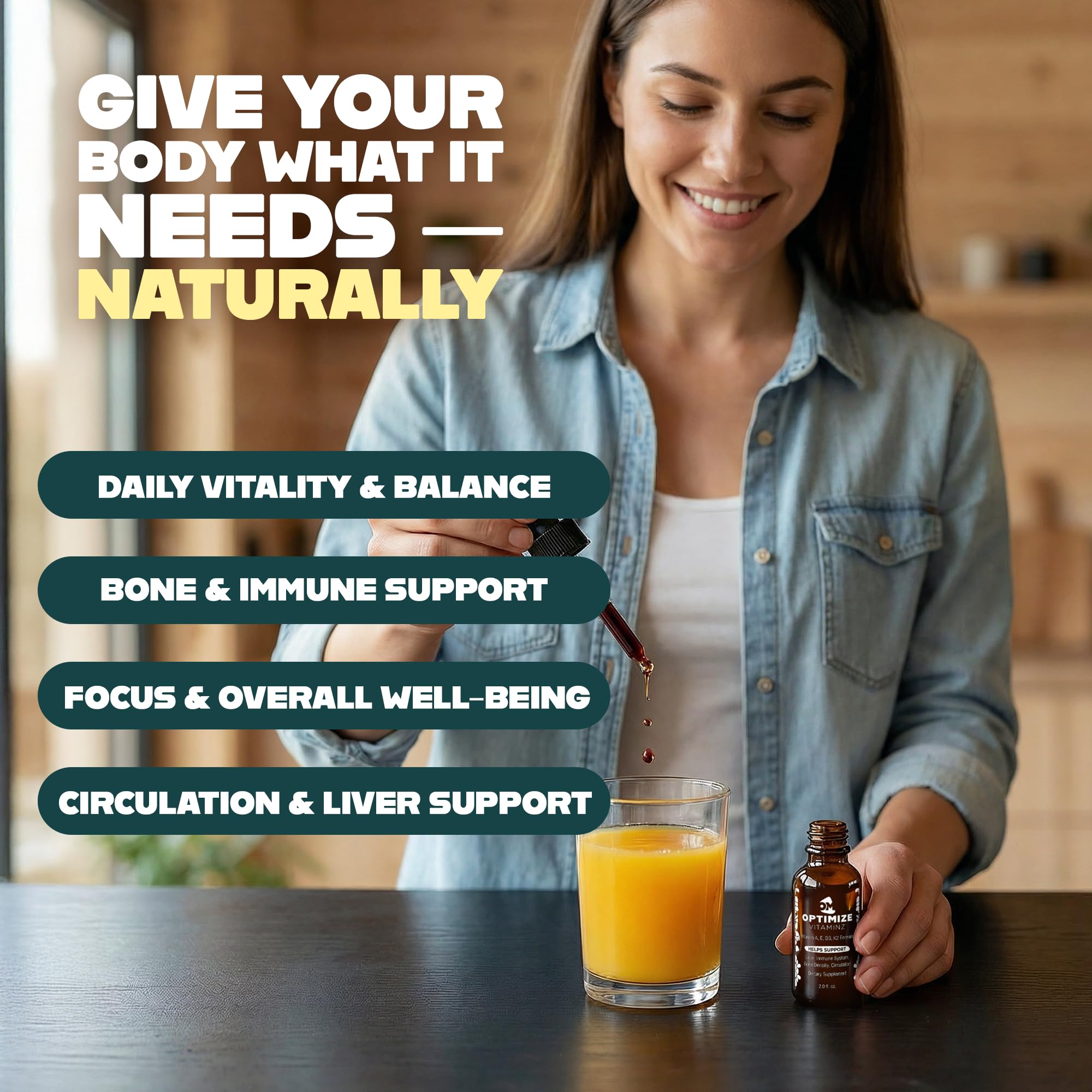 Optimize Vitaminz Liquid Vitamin D3 K2 Drops with Dandelion Root & Bilberry | Immune, Liver & Bone Support, MK-7 Formula, Fast Absorption Liquid Multivitamin, 30 Day Supply, 2 Fl Oz Optimize MineralsAu supplements