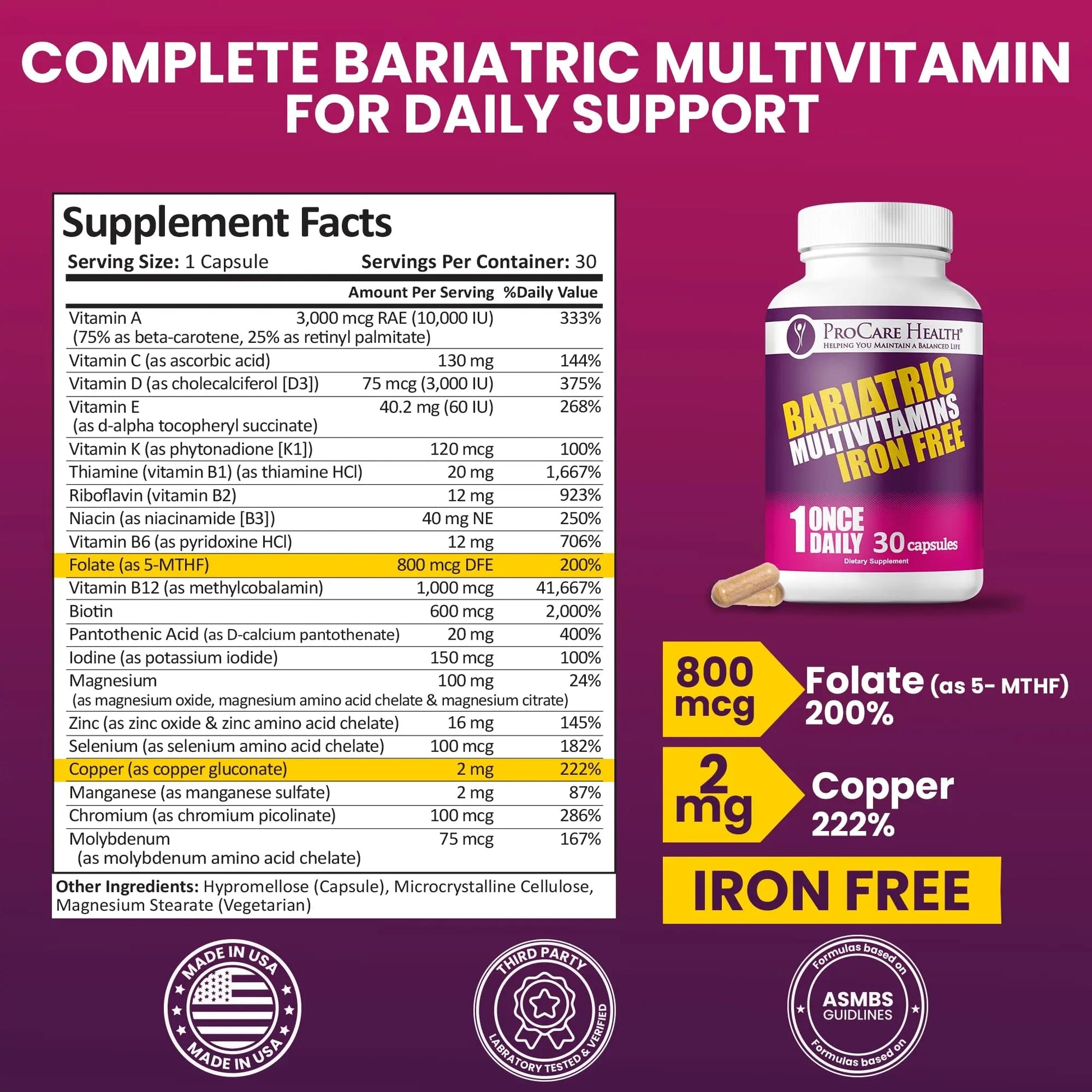 Procare Health Bariatric Multivitamin with Iron Free (30 Fast Dissolving Veggie Capsule) - Bariatric Vitamins for Gastric Sleeve & Gastric Bypass ProCare HealthAu supplements