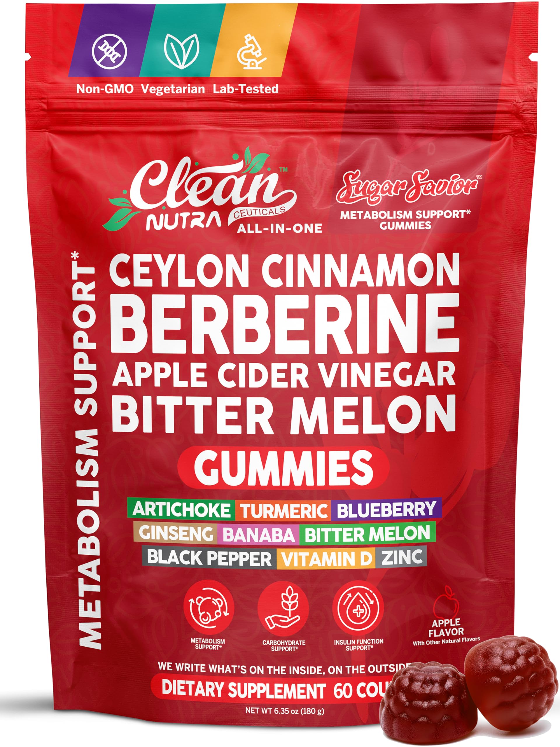 Sugar Savior Ceylon Cinnamon Berberine Gummies Apple Cider Vinegar Artichoke Turmeric Blueberry Ginseng Banaba Bitter Melon Black Pepper Vitamin D Zinc GLP1 Gummies 60 Count by Clean Nutra Clean NutraceuticalsAu supplements
