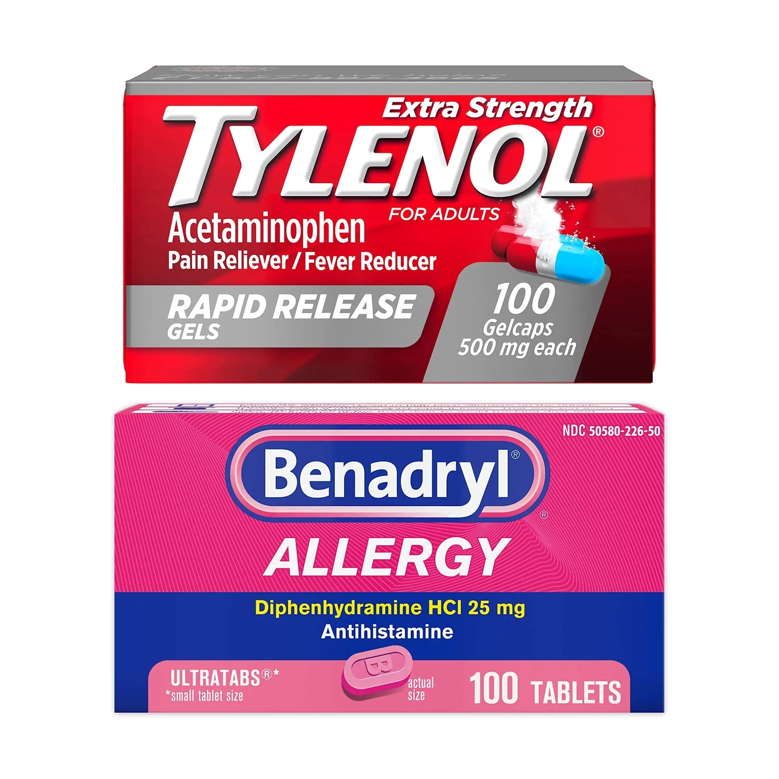 Benadryl Ultratabs Antihistamine Allergy Relief Tablets with 25 mg Diphenhydramine HCl, 100 ct and Tylenol Extra Strength Pain Reliever Rapid Release Gels with 500 mg Acetaminophen, 100 ct TylenolAu supplements