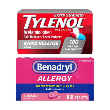 Benadryl Ultratabs Antihistamine Allergy Relief Tablets with 25 mg Diphenhydramine HCl, 100 ct and Tylenol Extra Strength Pain Reliever Rapid Release Gels with 500 mg Acetaminophen, 100 ct TylenolAu supplements