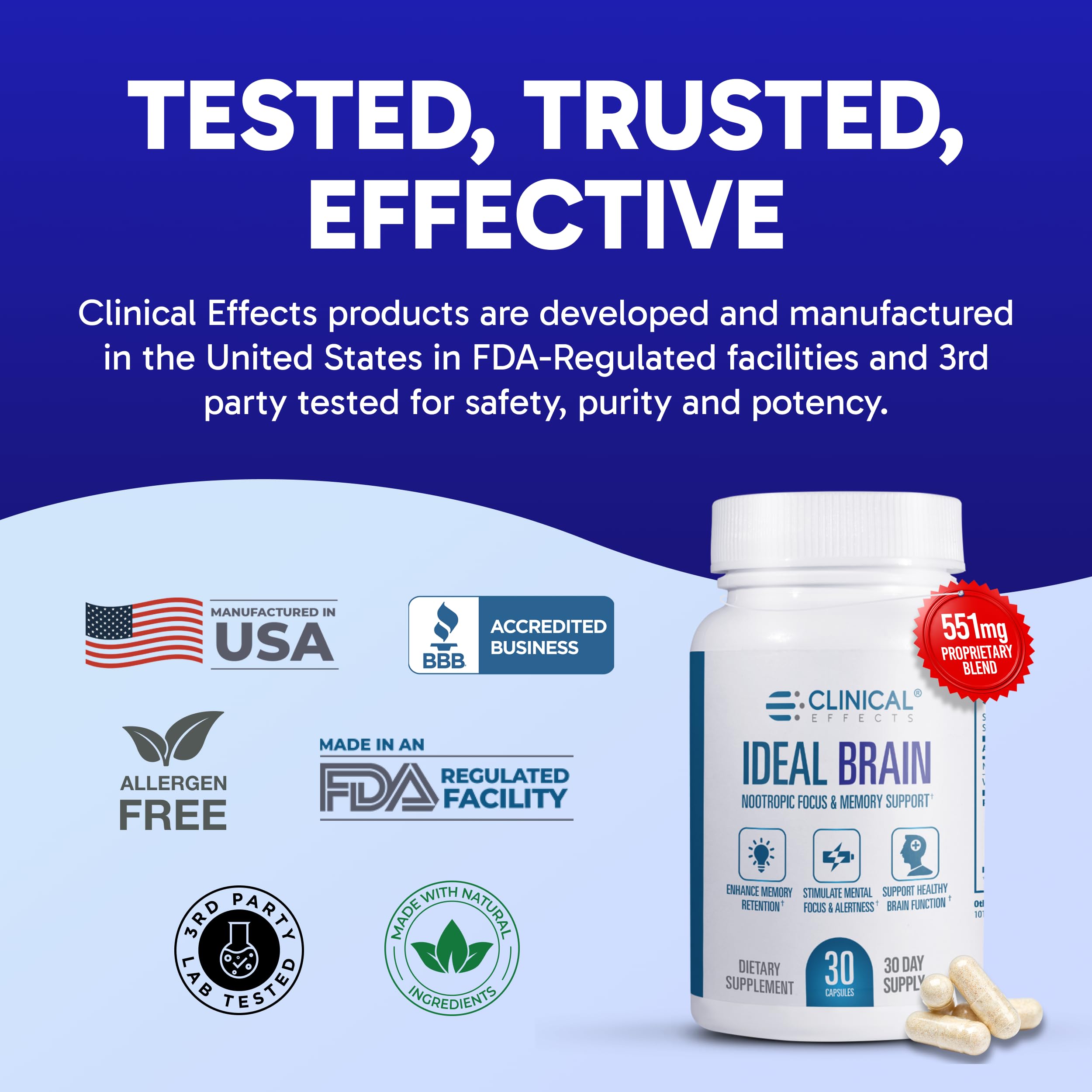 Clinical Effects Ideal Brain - Dietary Supplement for Nootropic Focus and Memory Support - 30 Capsules - B Vitamins, GABA, Alpha-GPC - Helps Support Mental Focus, and Optimal Brain Function Clinical EffectsAu supplements