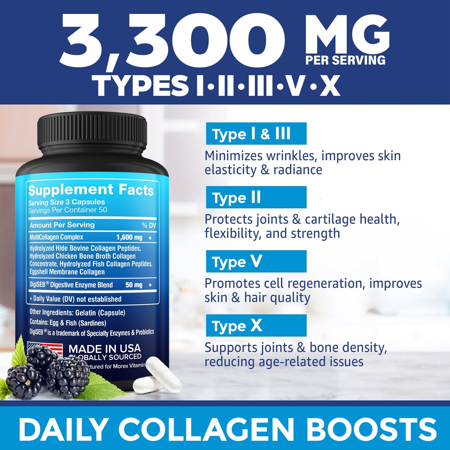 Multi Collagen Pills (Types I, II, III, V & X) - Marine Collagen & Bone Broth Capsules MOREX VITAMINSUS supplements