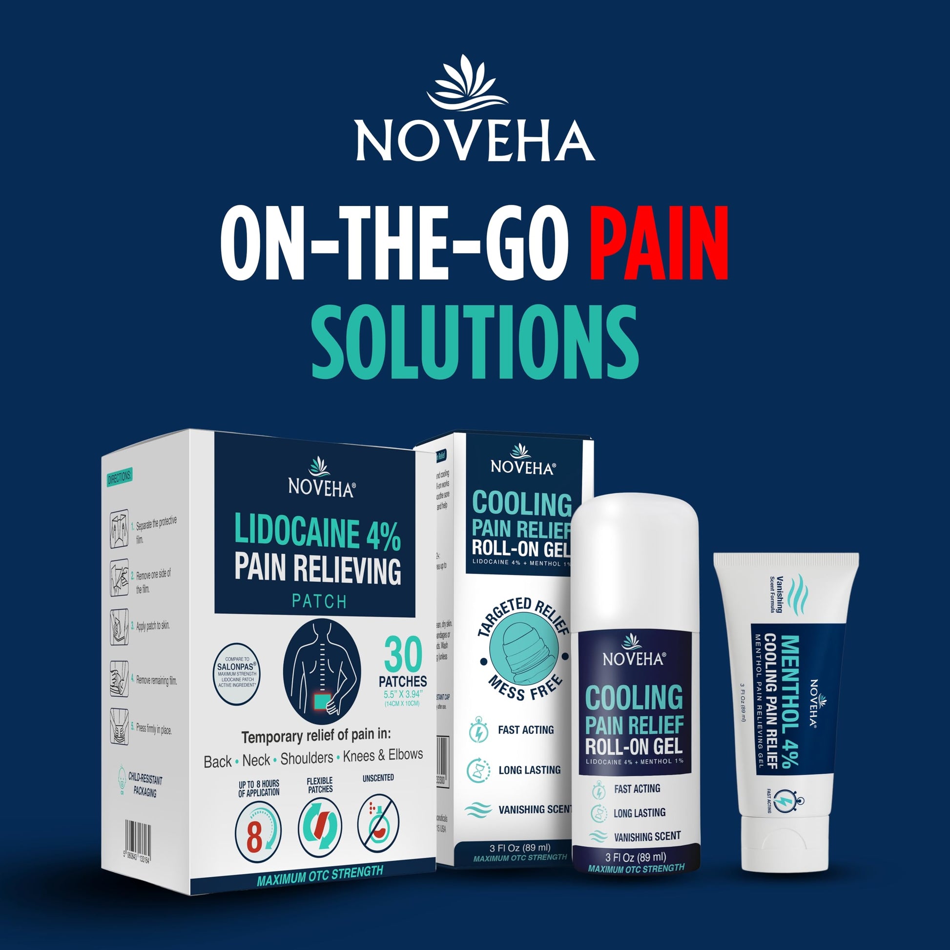 NOVEHA Lidocaine Roll-On Gel 4% | Maximum Strength Temporary Topical Pain Relief for Minor Muscle & Joint Aches | Cooling Formula with Menthol & Arnica | Non-Greasy, Quick-Drying | 2.5 fl oz NOVEHAAu supplements