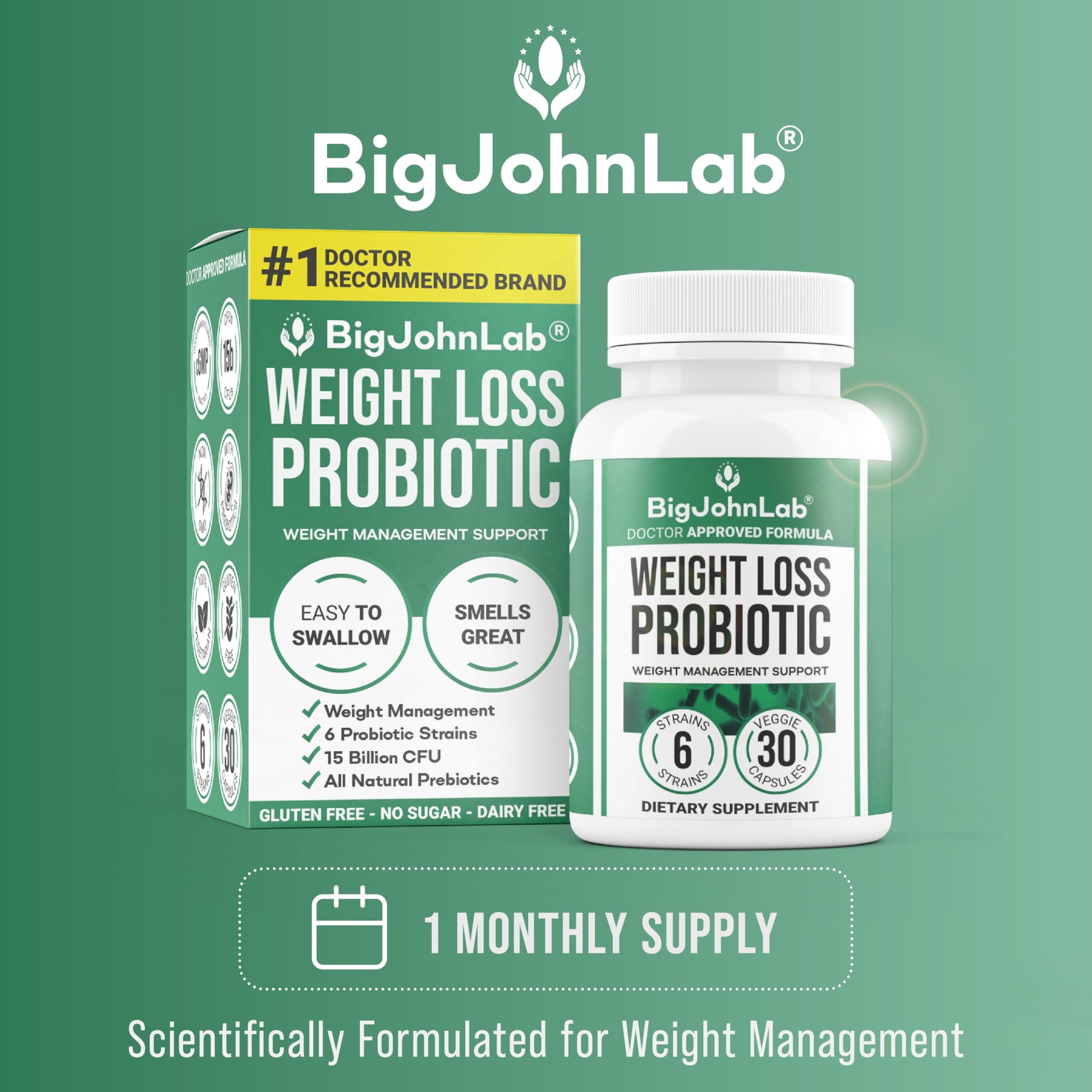 BIGJOHNLAB® - Probiotics for Weight Management & Bloating - 6 Probiotic Strains - Prebiotics - Key Ingredient Cayenne & Green Tea - Supports Gut Health - Weight Management for Women & Men - 30 CT BIGJOHNLABAu supplements
