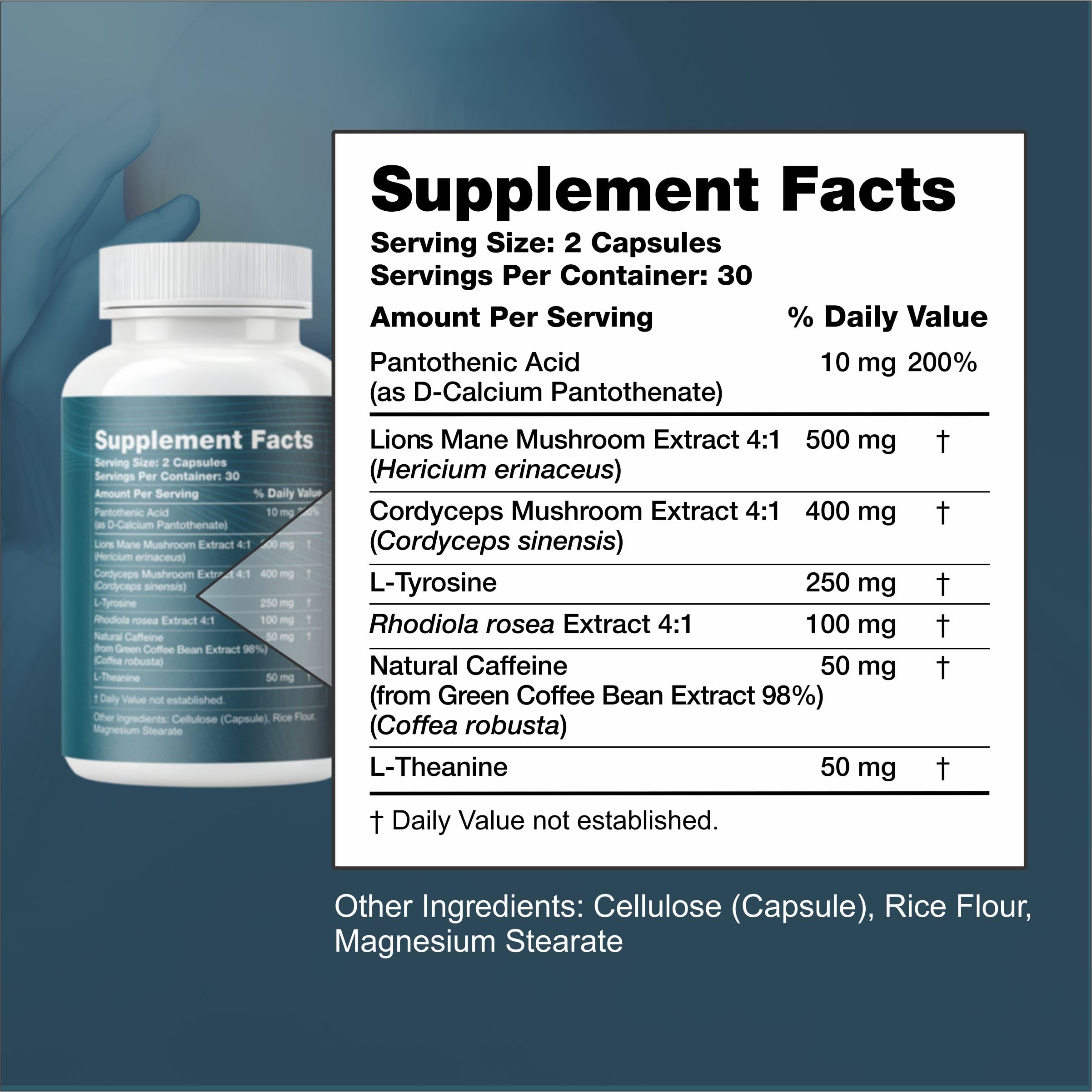 Nootropic Brain Supplement with Lion’s Mane Mushroom, Cordyceps & Rhodiola Rosea Extract - Focus and Energy Supplement, Adaptogen for Brain Health, Mental Clarity, Memory & Mood Support - 60 Capsules Reset+RiseAu supplements