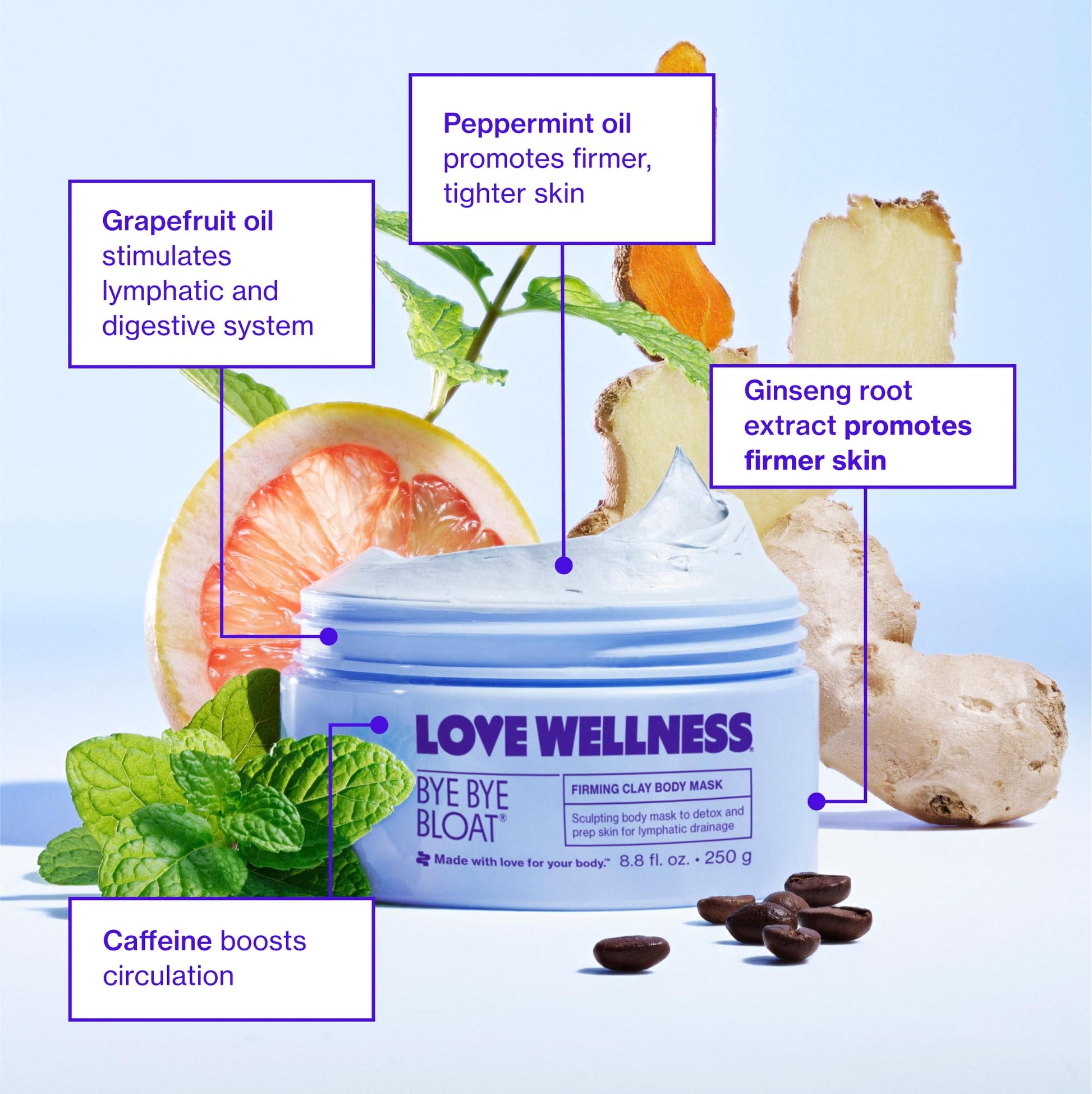 Love Wellness Bye Bye Bloat Firming Clay Body Mask | Lymphatic Drainage Body Mask for Women | Support Bloating Relief, Skin Hydration & Boost Circulation | Caffeine, Grapefruit & Peppermint Oil | 250g Love WellnessUS supplements