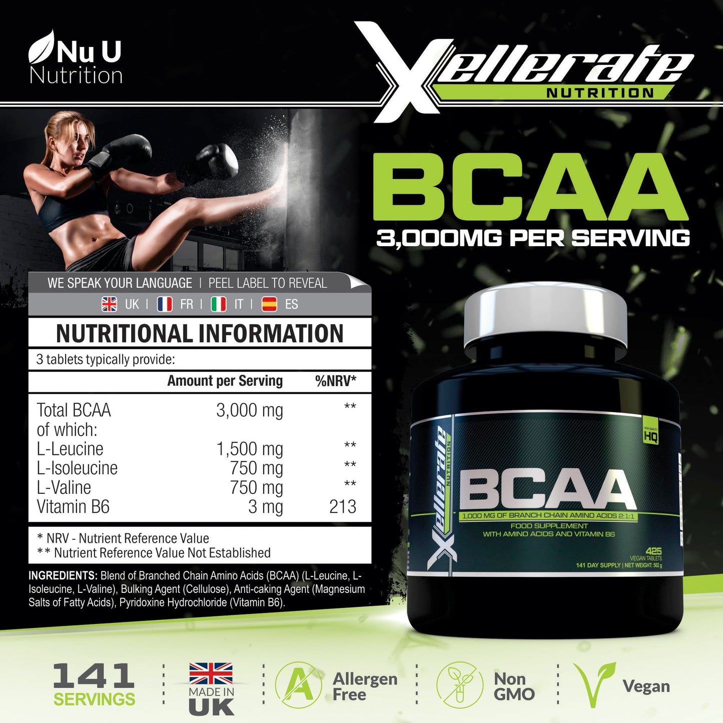 BCAA 1000mg - 425 Vegan Tablets - 3000mg Daily Serving - 141 Day Supply - 2:1:1 BCAAs Xellerate NUTRITIONUS supplements