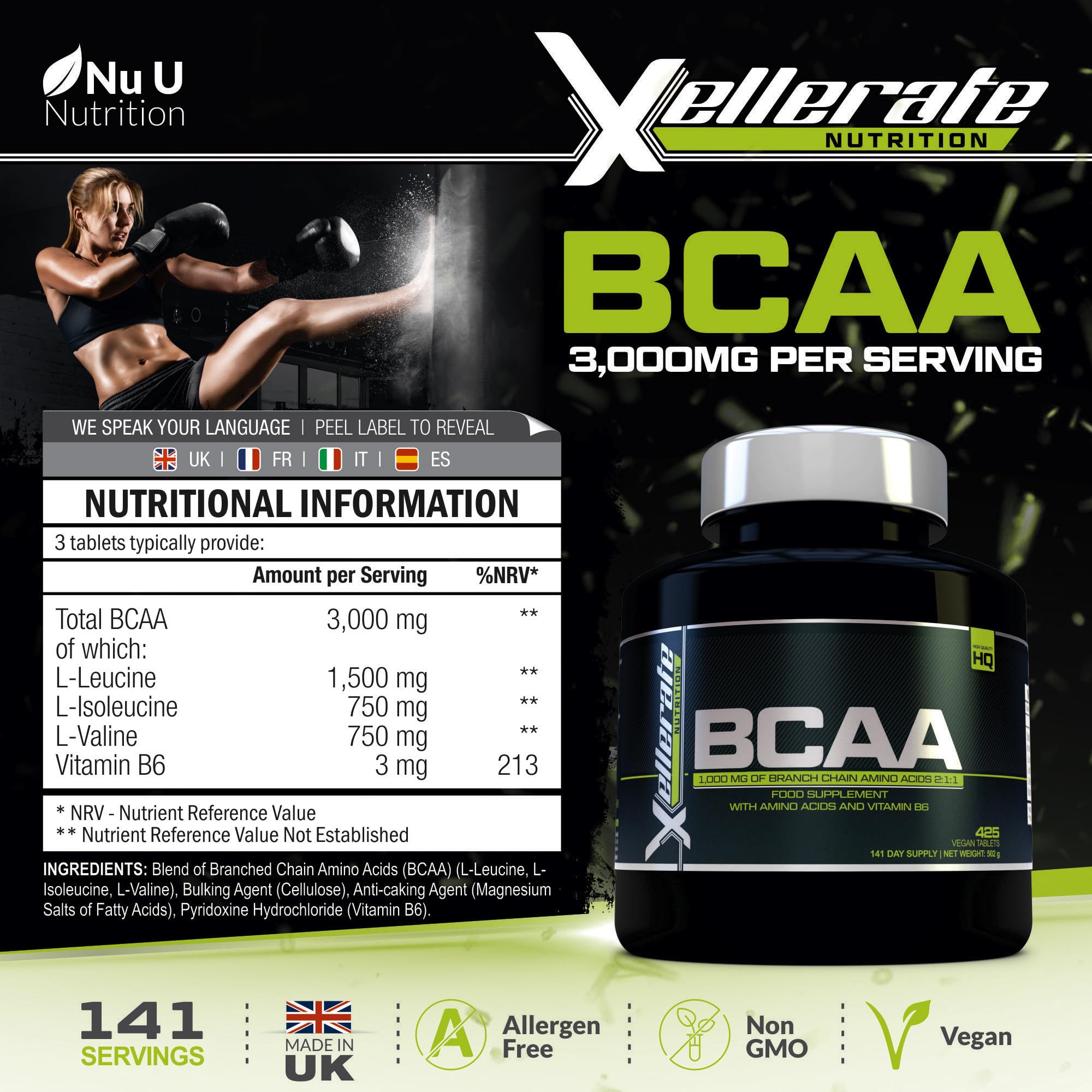BCAA 1000mg - 425 Vegan Tablets - 3000mg Daily Serving - 141 Day Supply - 2:1:1 BCAAs Xellerate NUTRITIONUS supplements