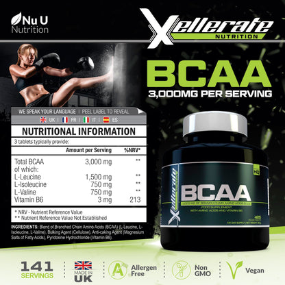 BCAA 1000mg - 425 Vegan Tablets - 3000mg Daily Serving - 141 Day Supply - 2:1:1 BCAAs Xellerate NUTRITIONUS supplements