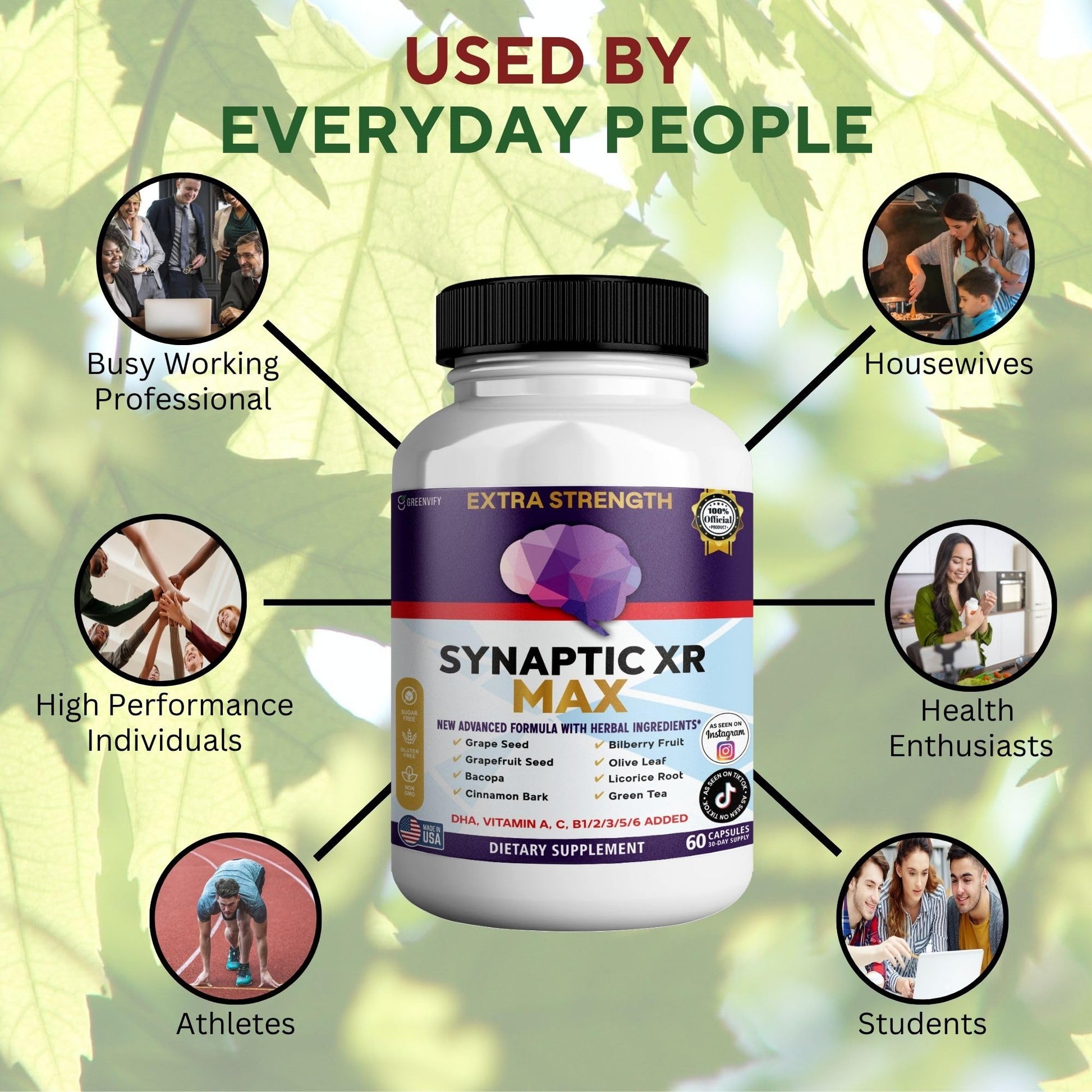 GREENVIFY Synaptic XR Max Extra Strength Brain Support Supplement with Herbal Ingredients, 60 Capsules, DHA Vitamins, Nootropic Formula (1) GREENVIFYAu supplements
